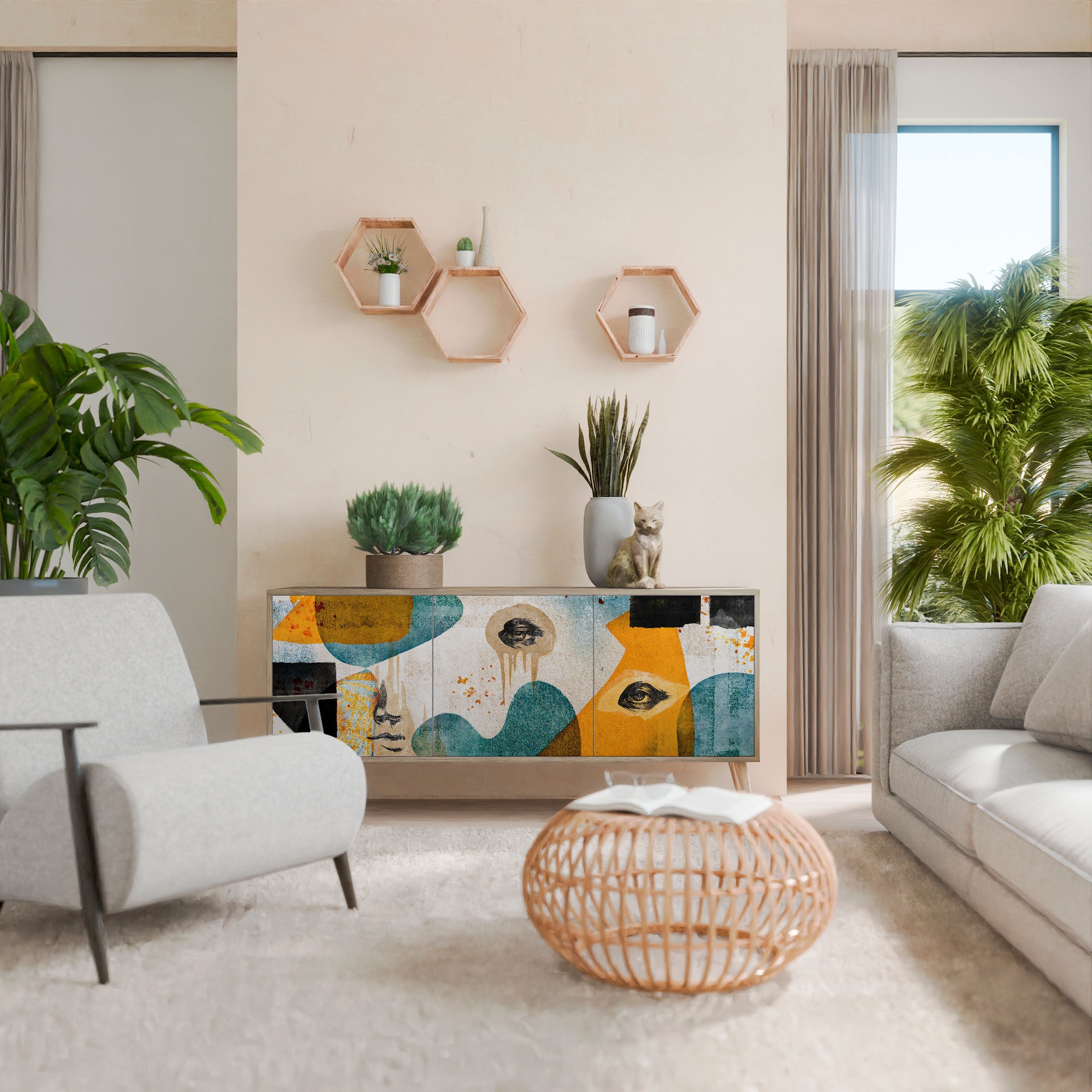 ABSTRACT FACES Aparador de 3 Portas em Efeito Carvalho