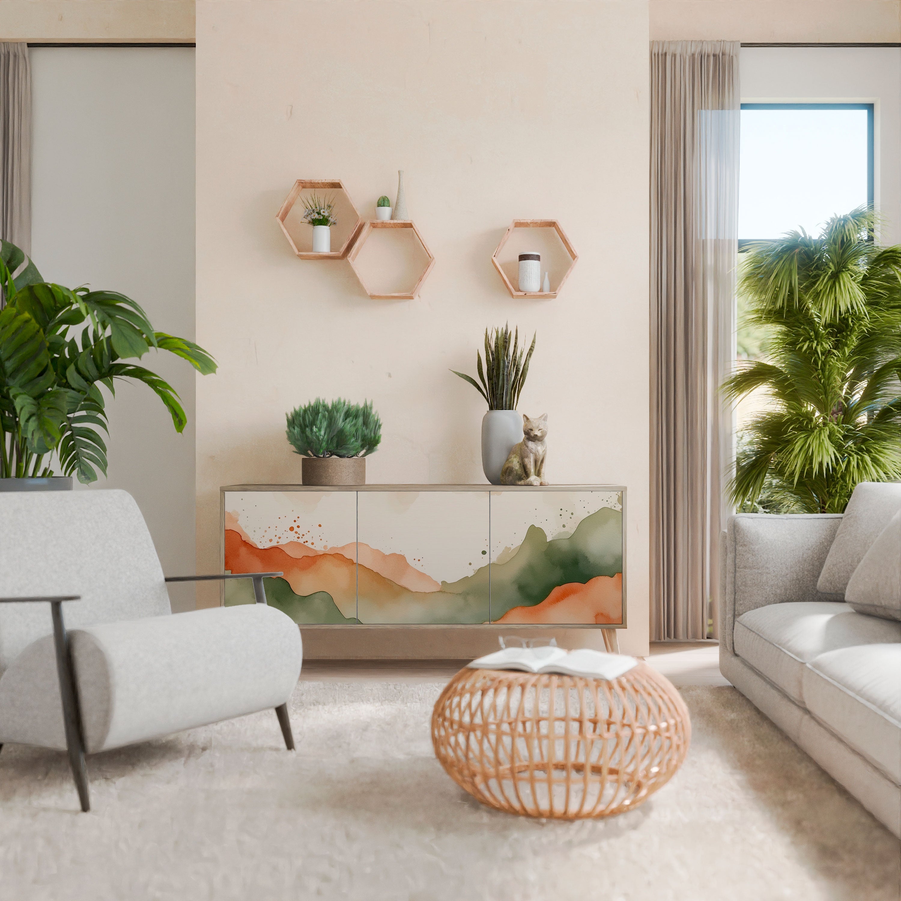 WATERCOLOUR PEAKS Aparador de 3 Portas em Efeito Carvalho