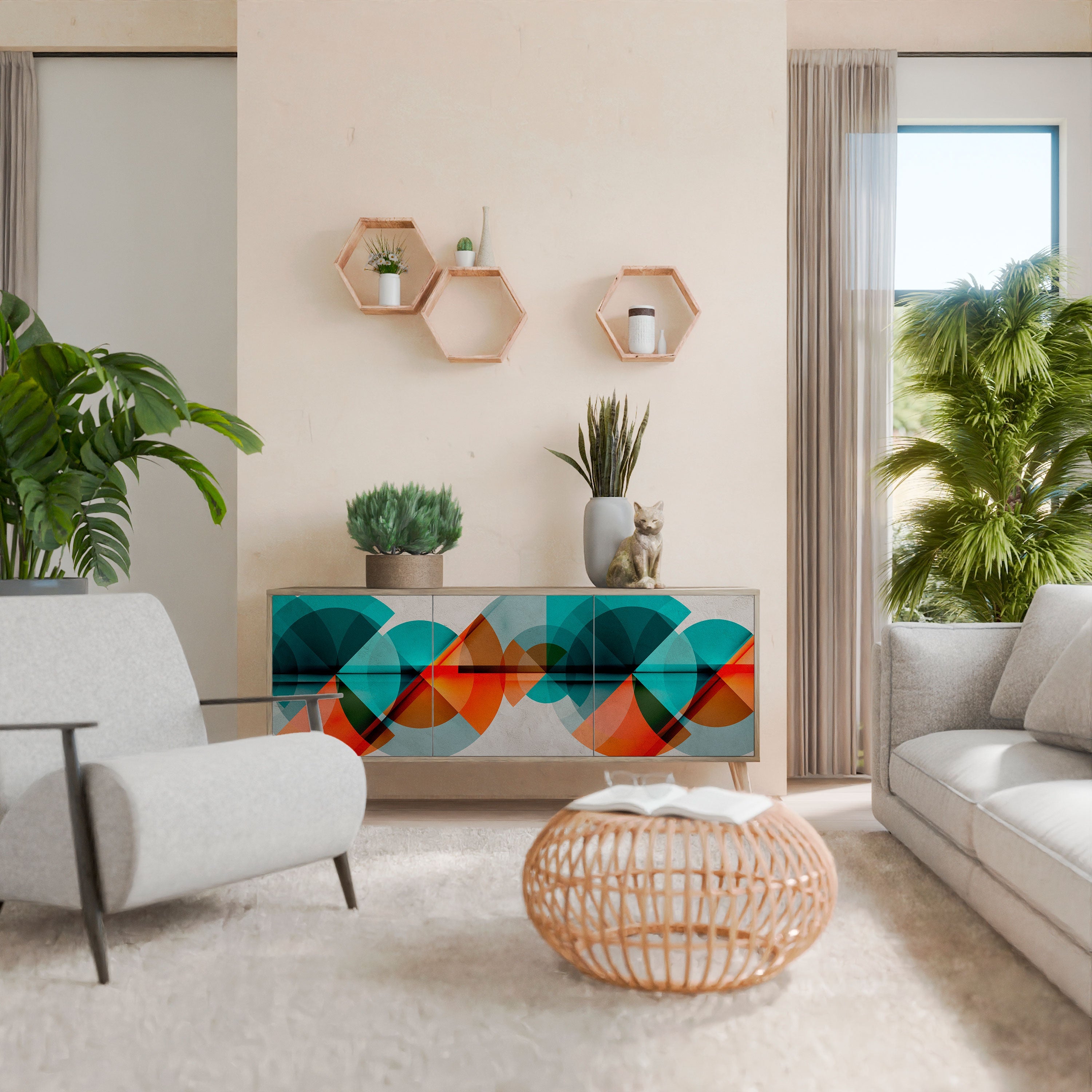 CIRCULAR RHAPSODY Aparador de 3 Portas em Efeito Carvalho