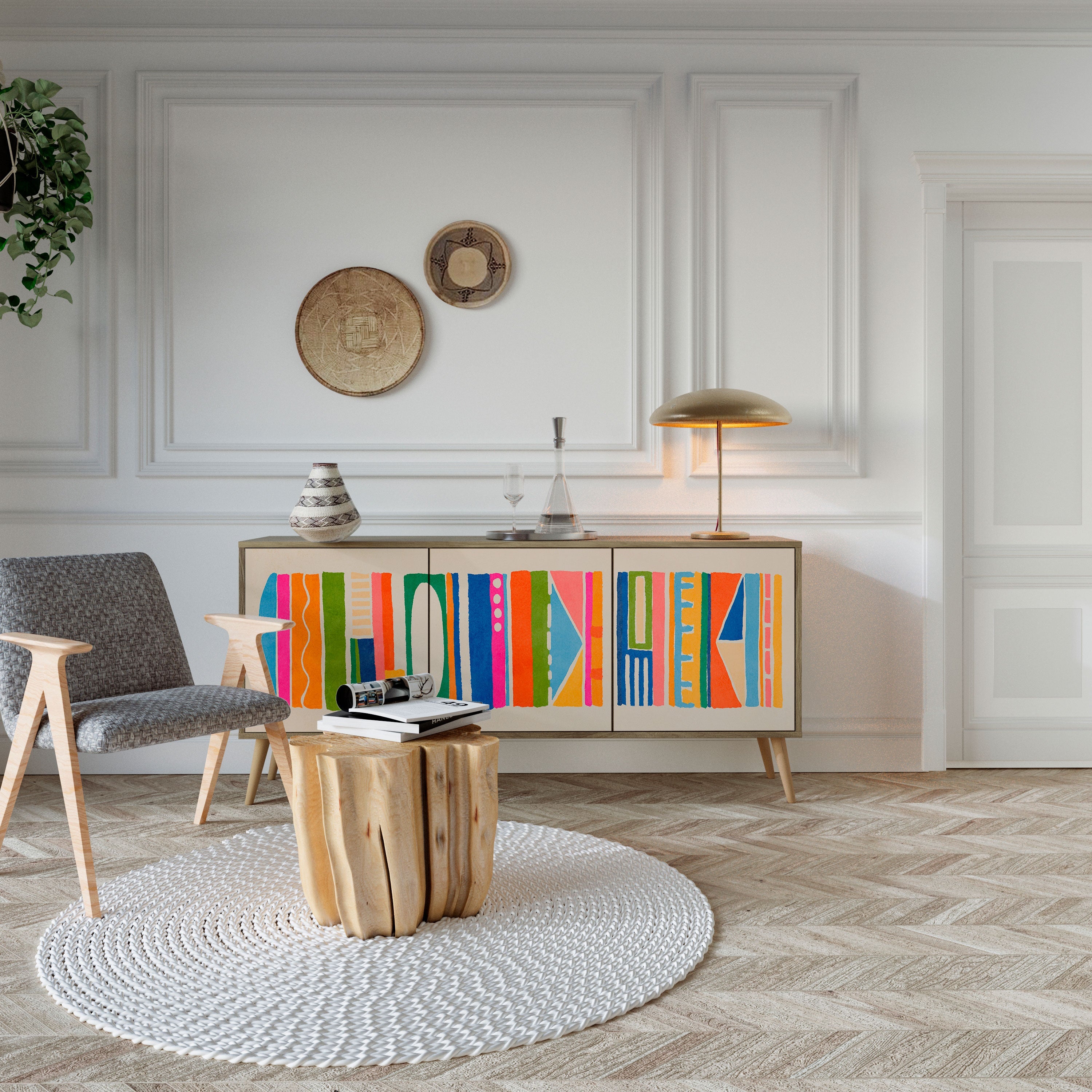 GEOMETRIC SHINE Aparador de 3 Portas em Efeito Carvalho