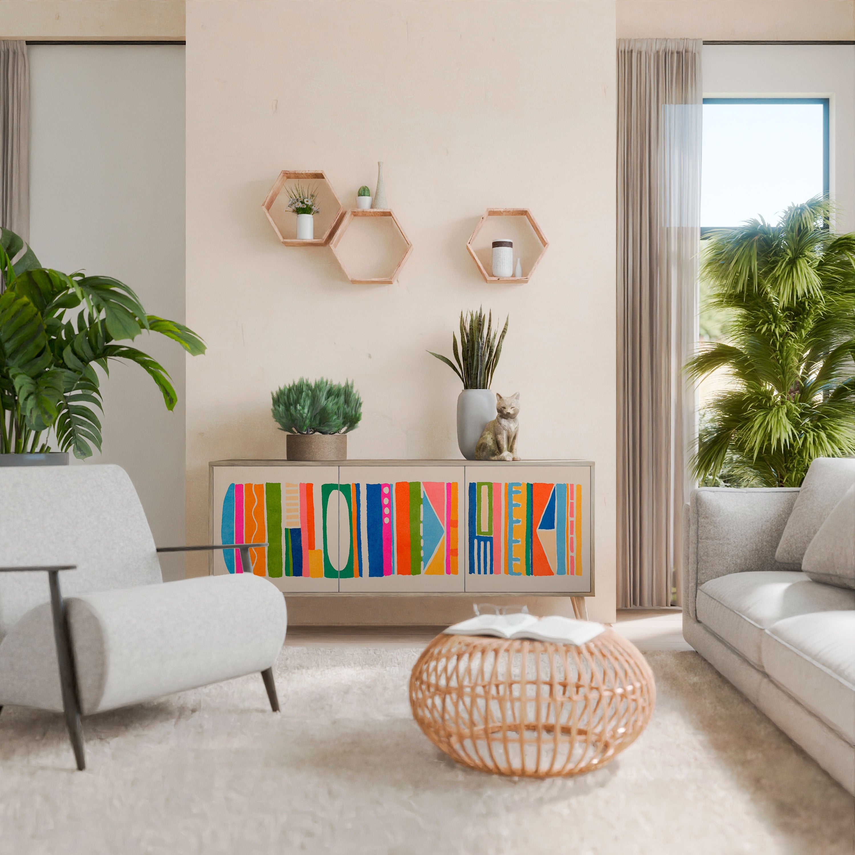 GEOMETRIC SHINE Aparador de 3 Portas em Efeito Carvalho