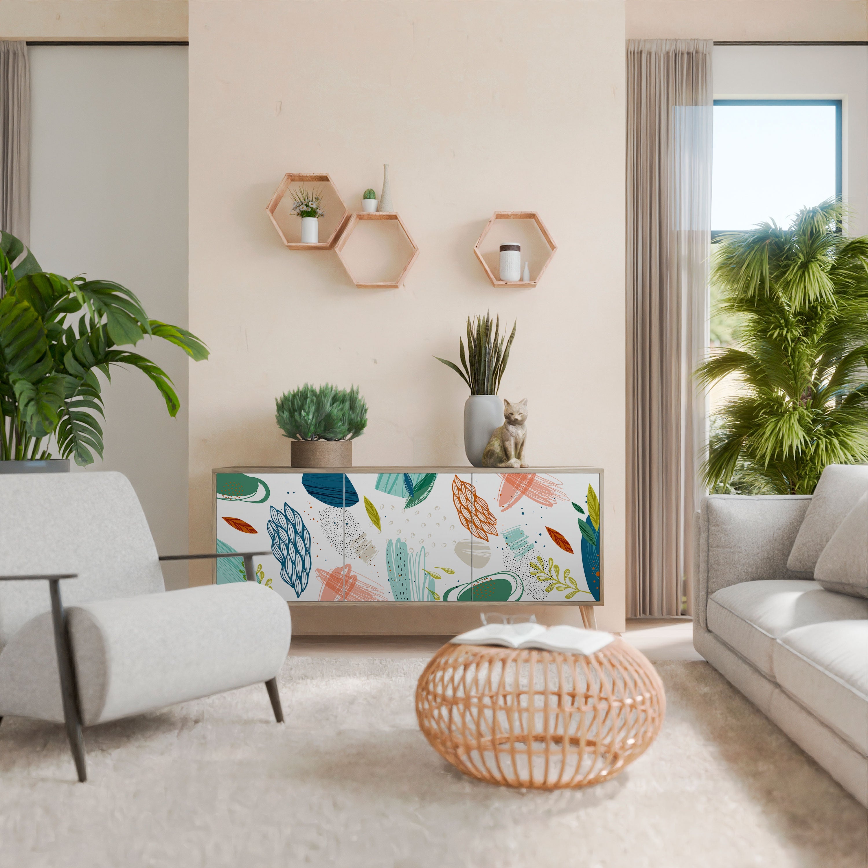 BOTANICAL HURRICANE Aparador de 3 Portas em Efeito Carvalho