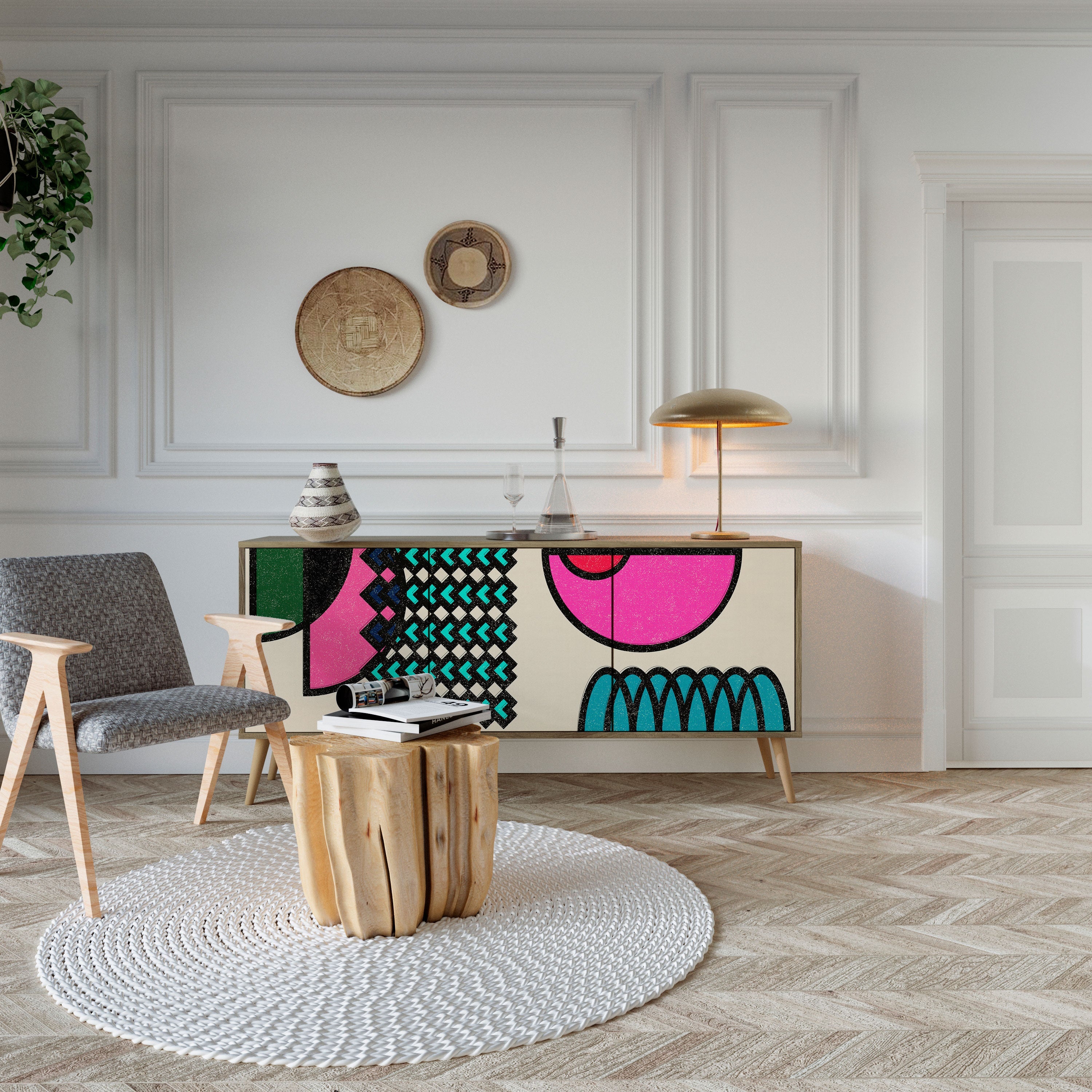 GEOMETRIC RHAPSODY Aparador de 3 Portas em Efeito Carvalho