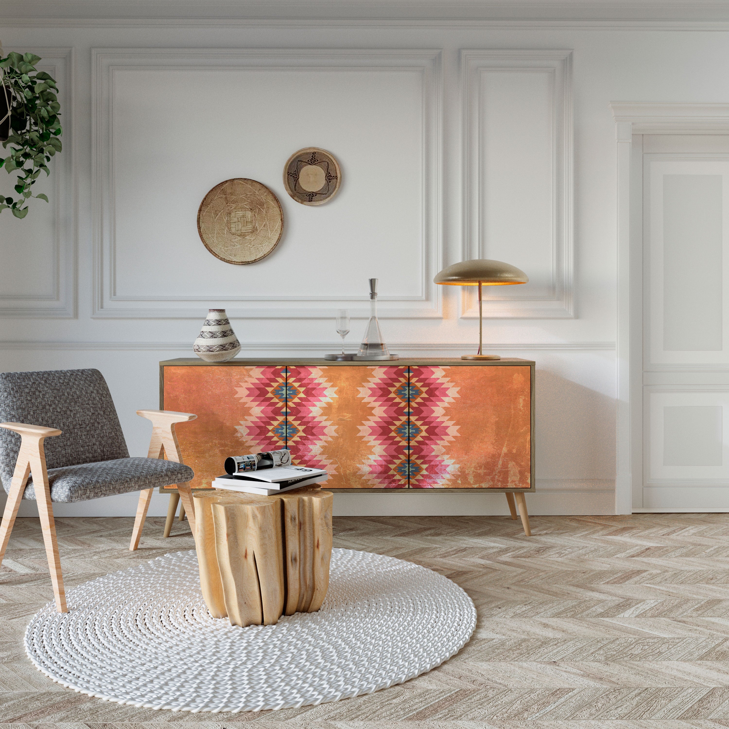 INDIAN FOLK Aparador de 3 Portas em Efeito Carvalho