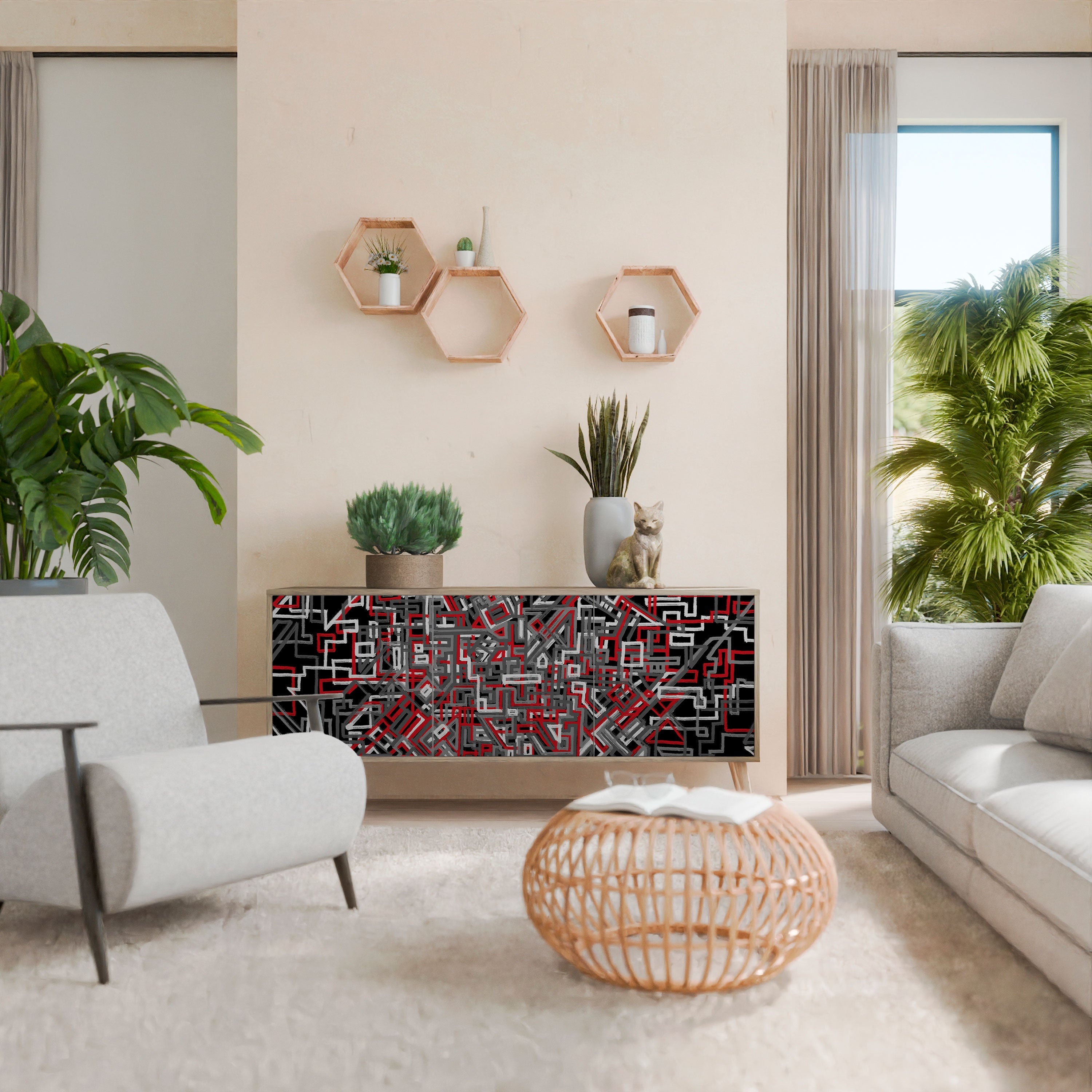 BROKEN LINES 3-Door Sideboard in Oak Effect