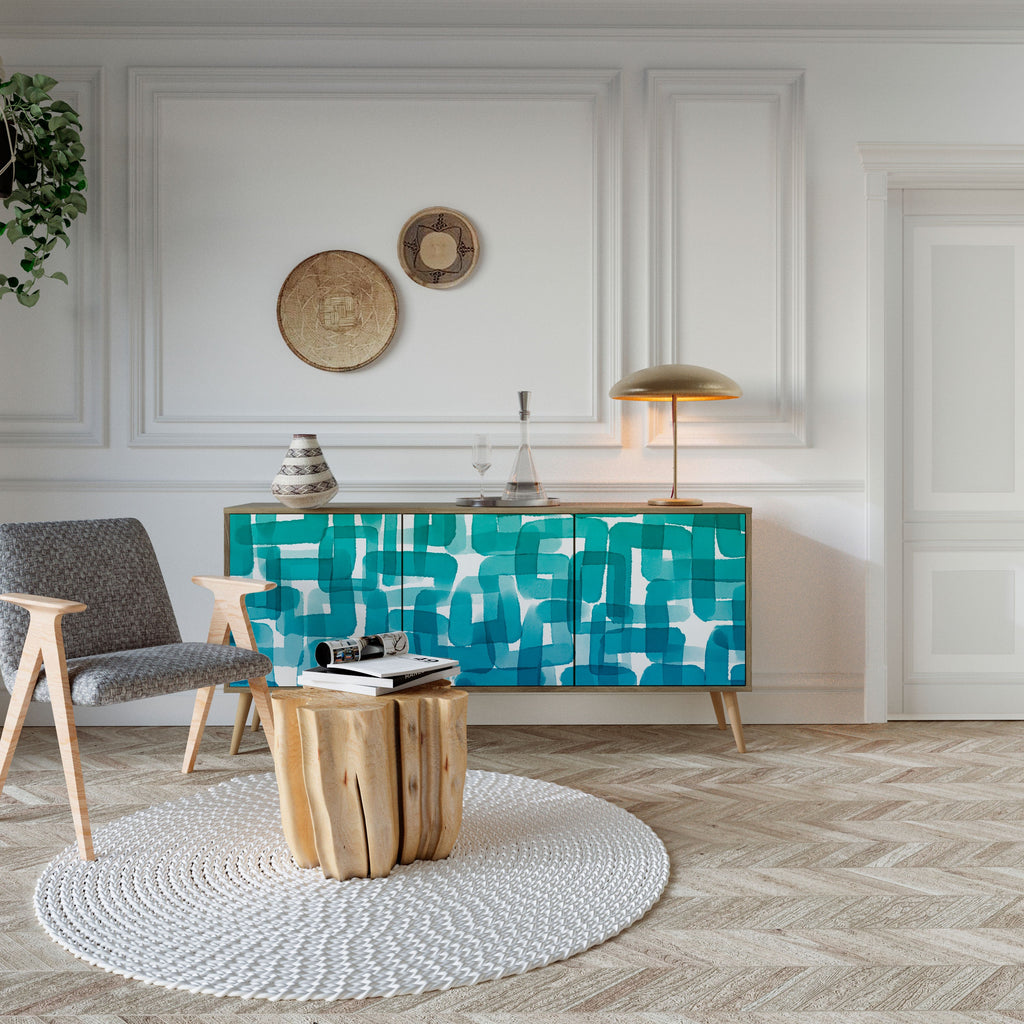 TURQUOISE RECTANGLES 3-Door Sideboard in Oak Effect