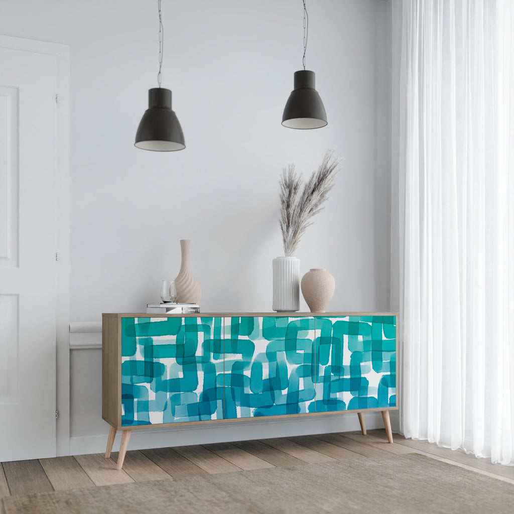 TURQUOISE RECTANGLES 3-Door Sideboard in Oak Effect