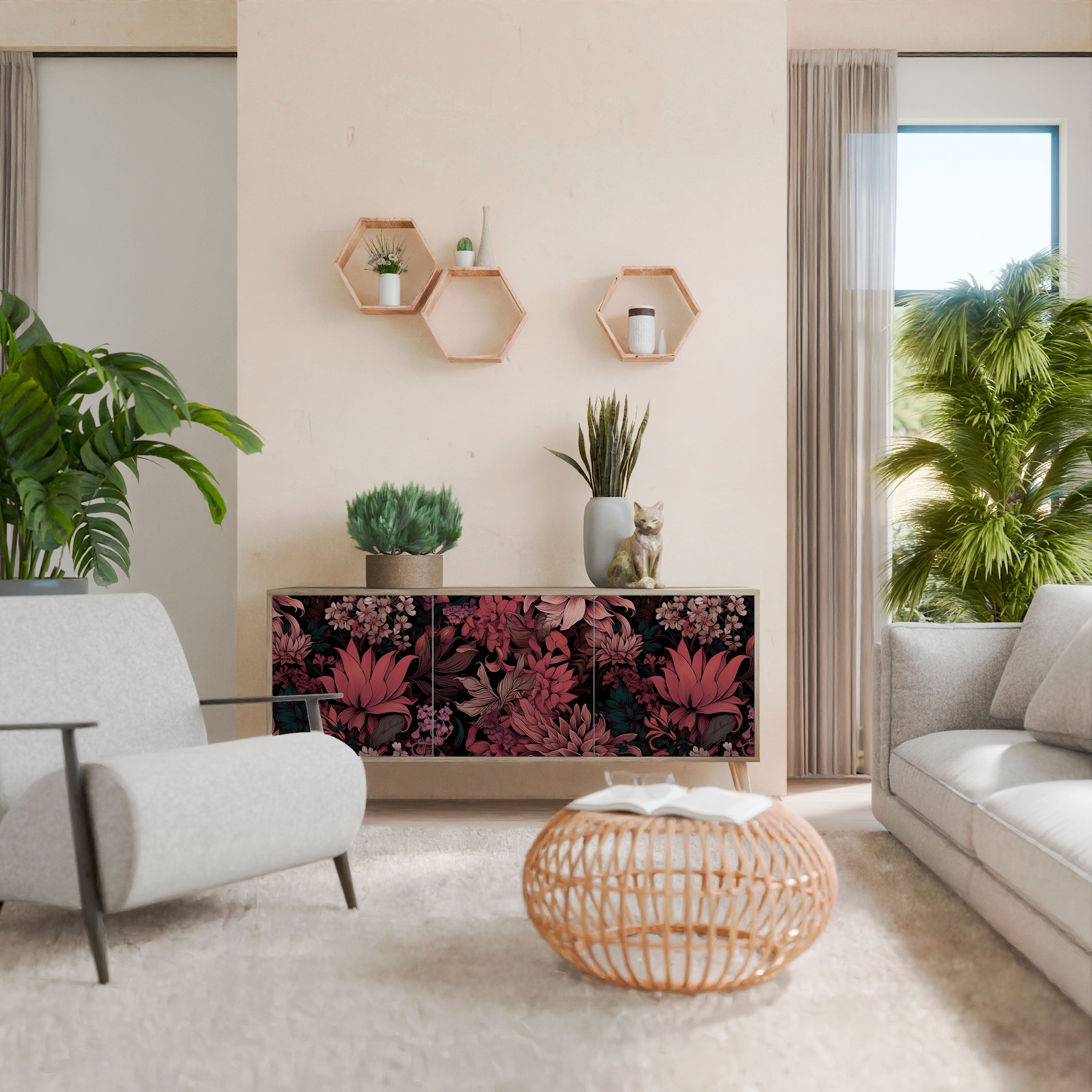 FLORAL WHISPER Aparador de 3 Portas em Efeito Carvalho