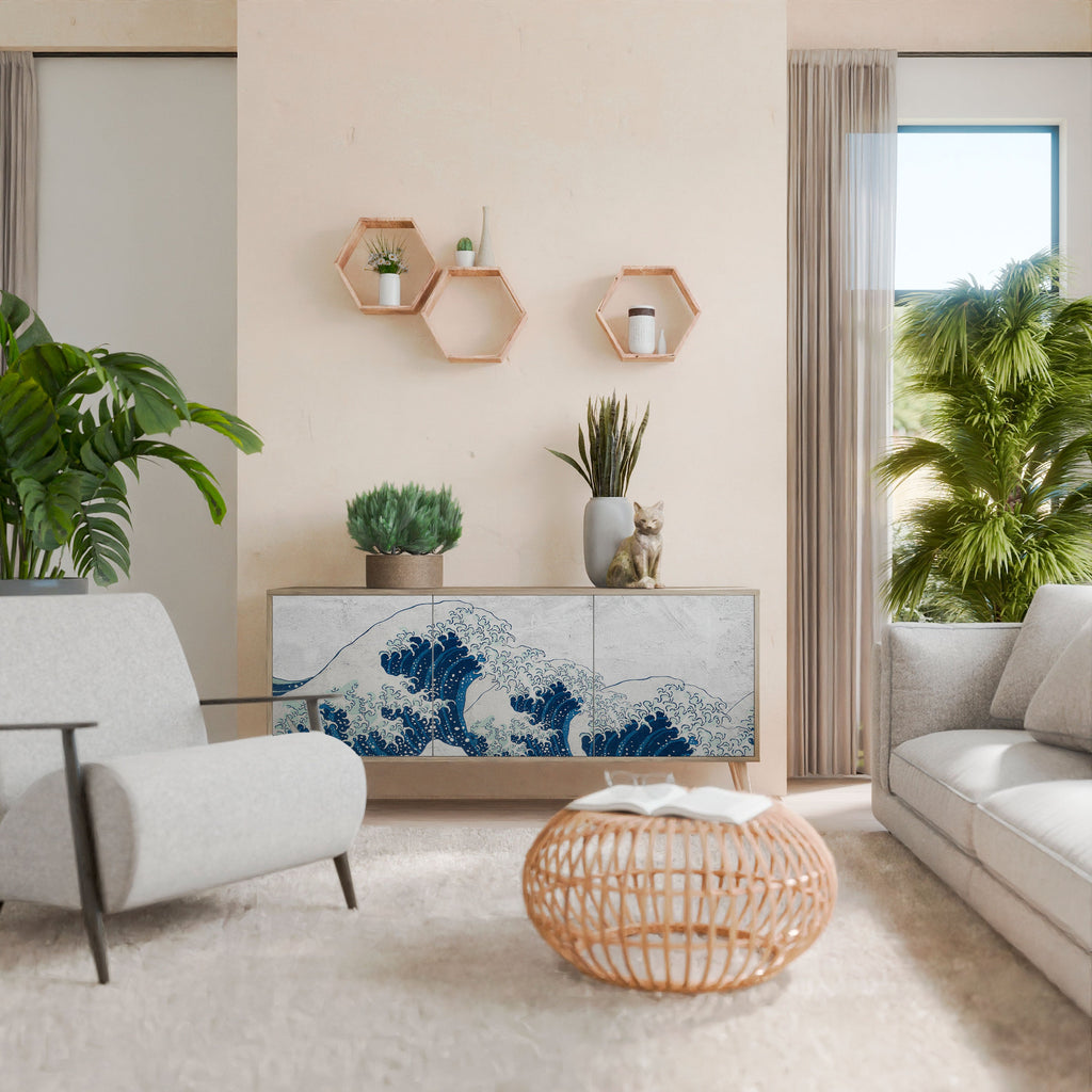 THE GREAT WAVE AT KANAGAWA Aparador de 3 Portas em Efeito Carvalho