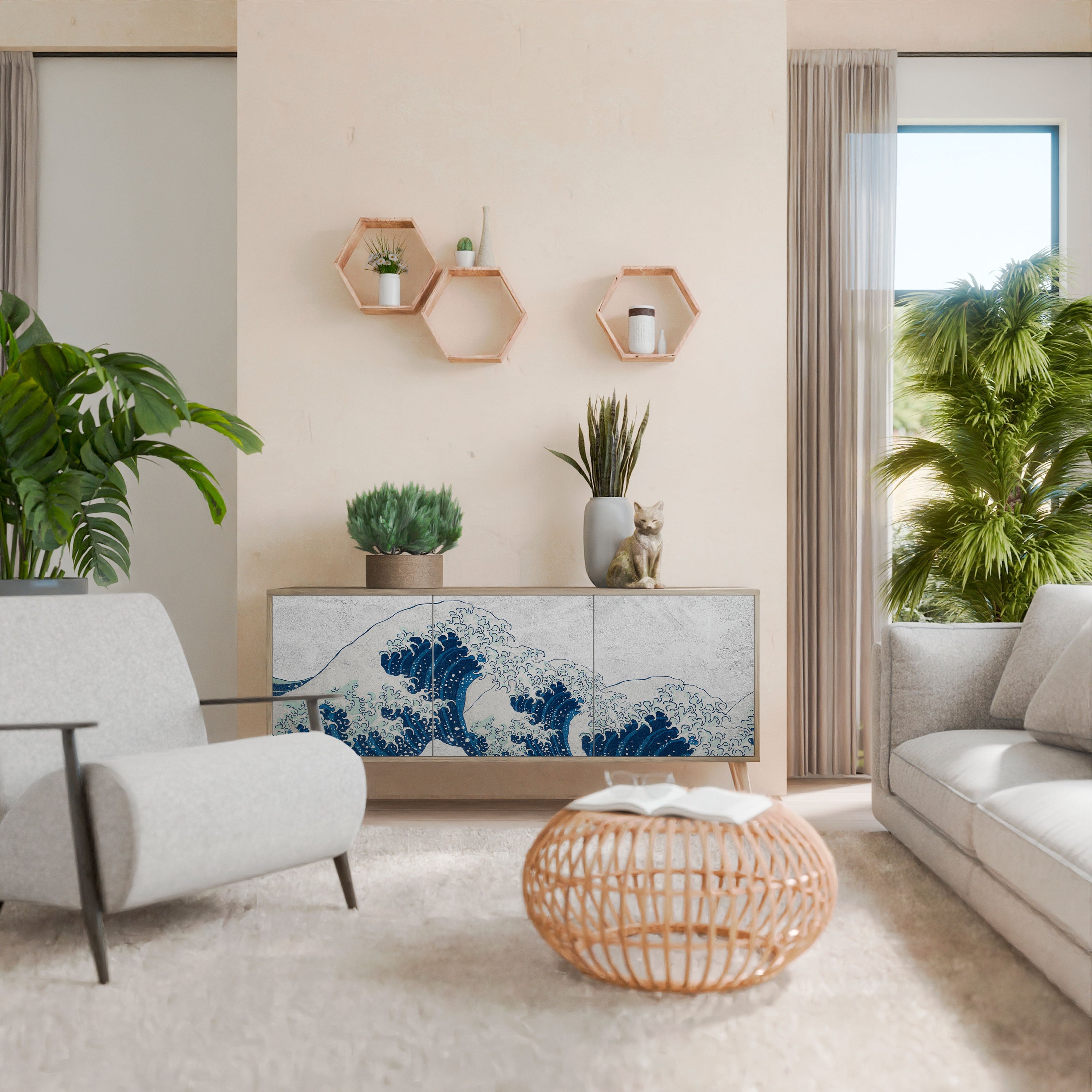 THE GREAT WAVE AT KANAGAWA Aparador de 3 Portas em Efeito Carvalho