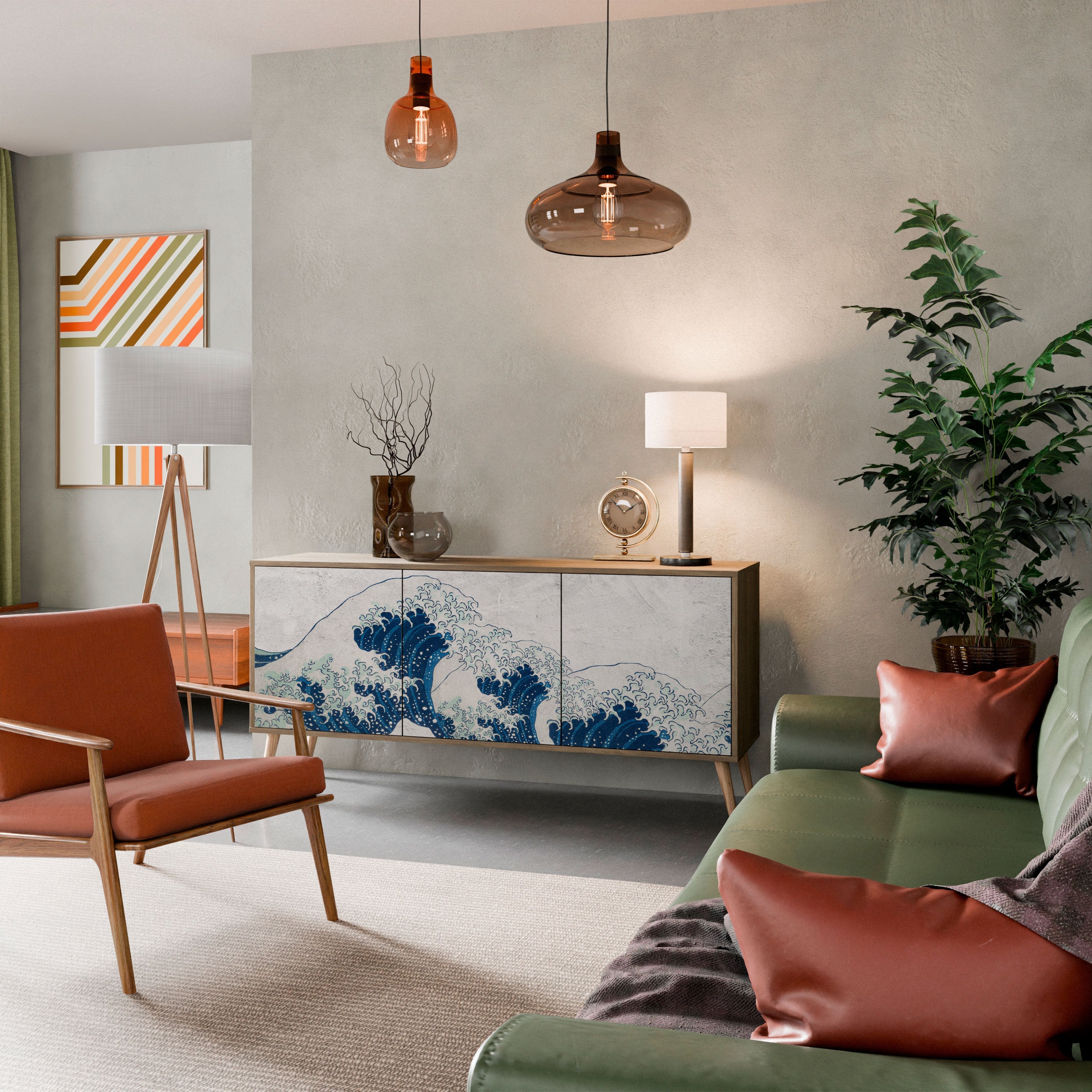 THE GREAT WAVE AT KANAGAWA Aparador de 3 Portas em Efeito Carvalho