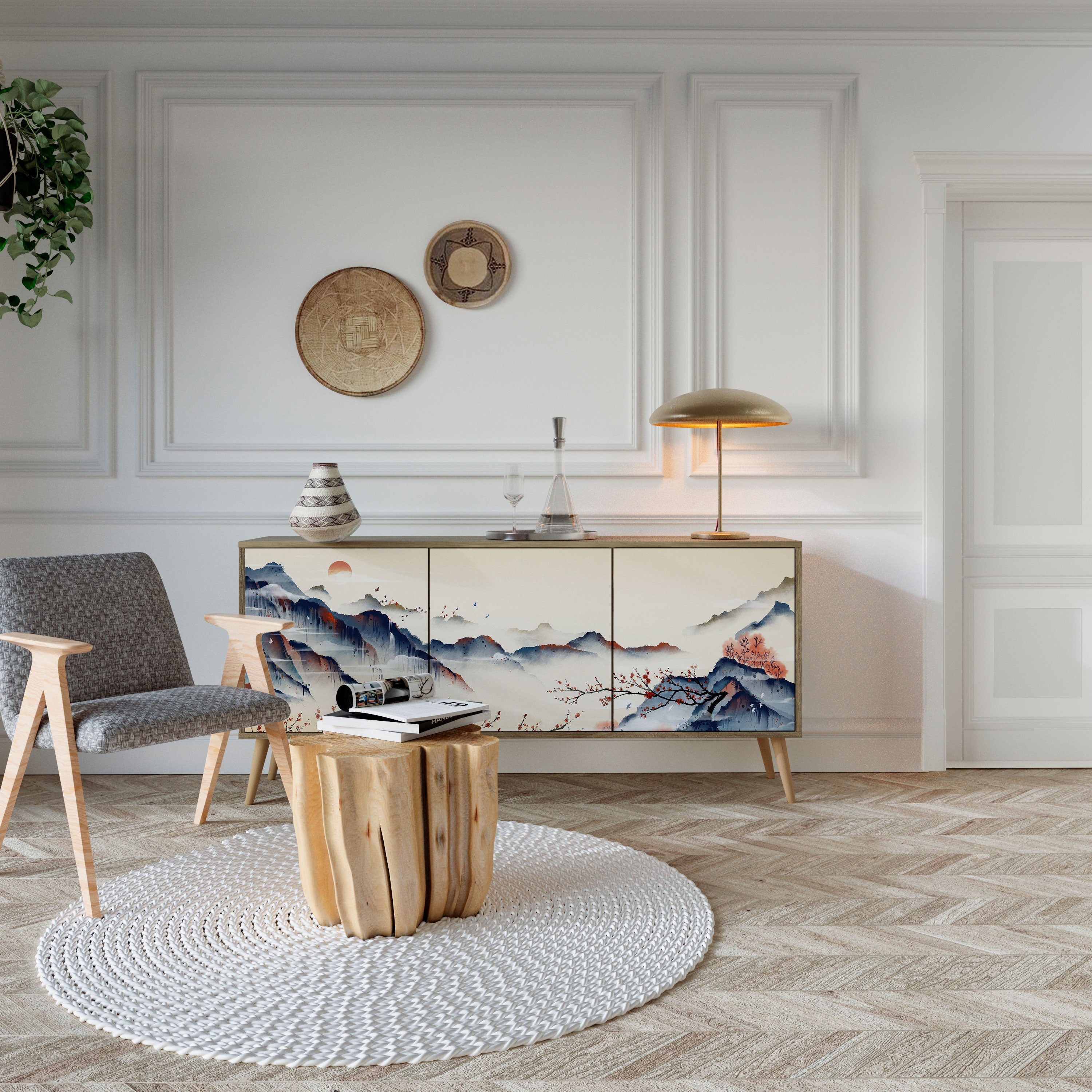 JAPANESE LANDSCAPE Aparador de 3 Portas em Efeito Carvalho