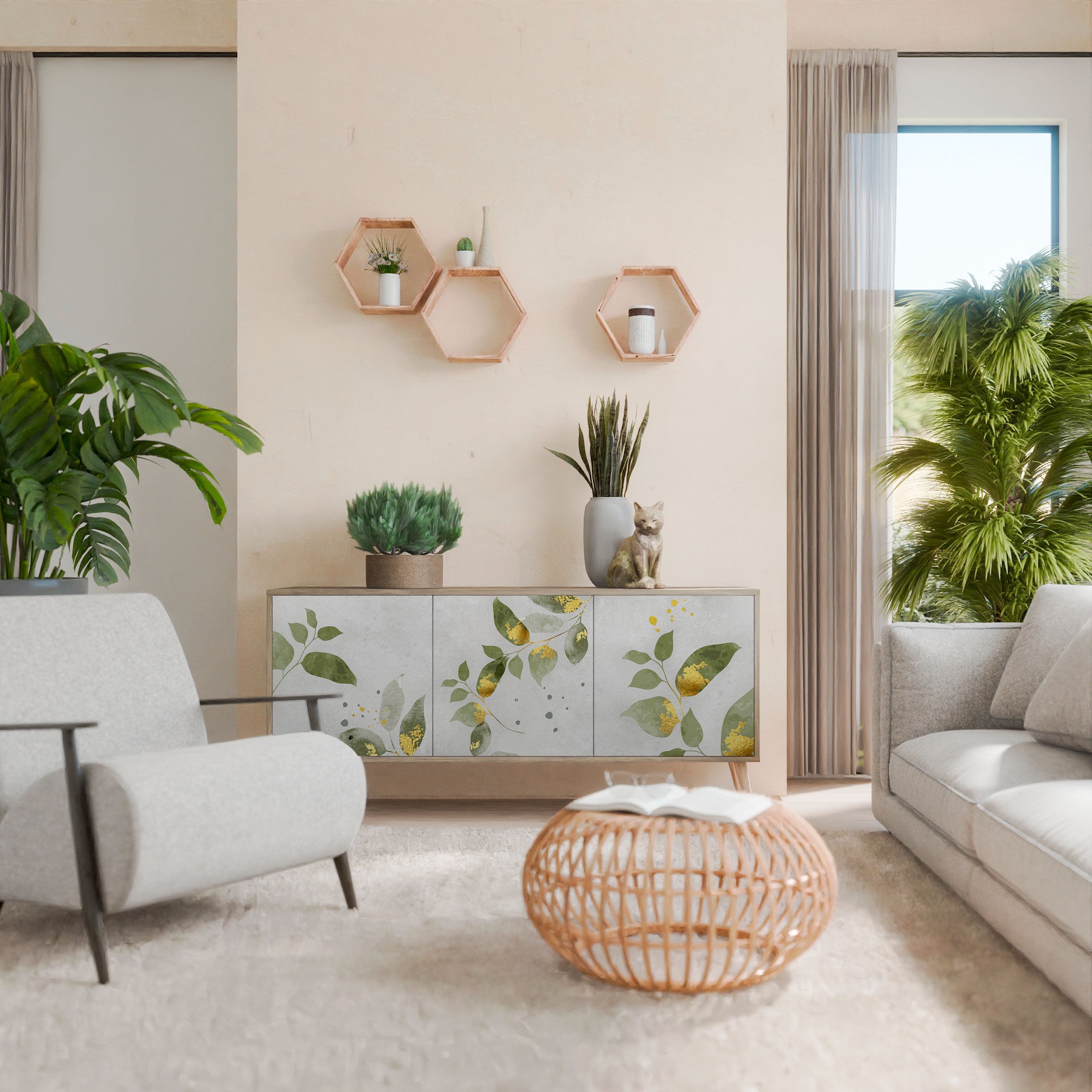 ELEGANT BOTANICS Aparador de 3 Portas em Efeito Carvalho