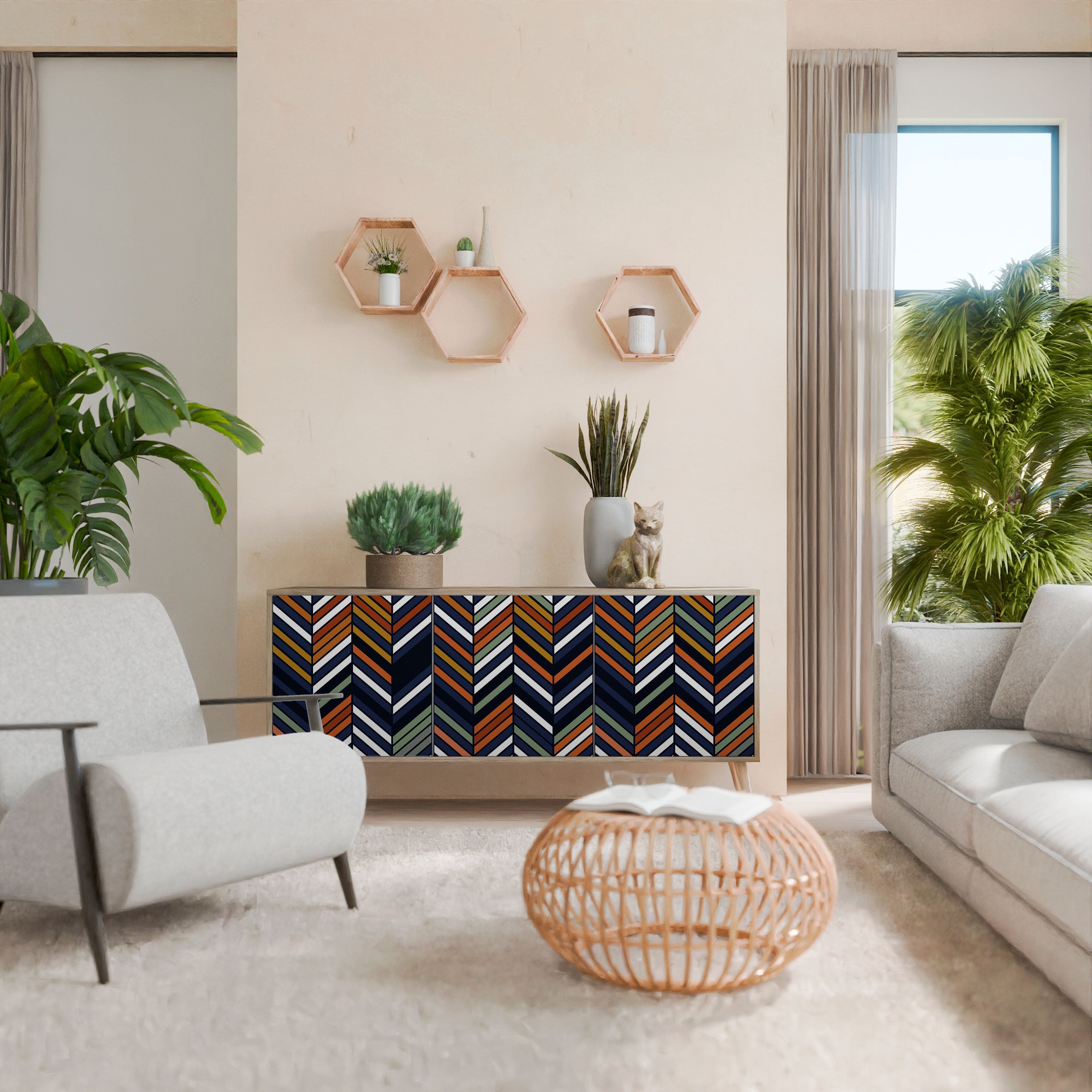 VIBRANT PATCHWORK Aparador de 3 Portas em Efeito Carvalho