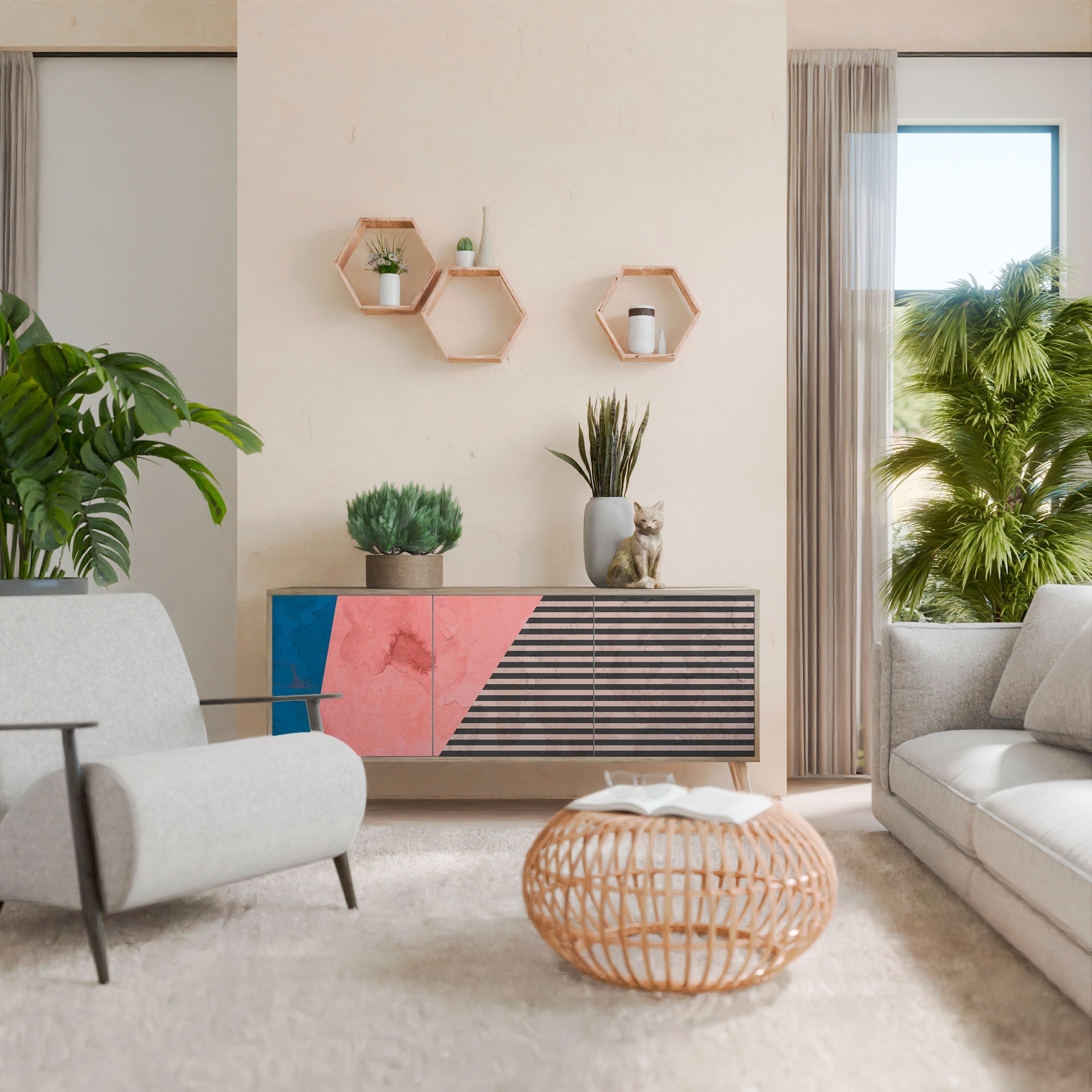 GLAMOROUS STRIPE Aparador de 3 Portas em Efeito Carvalho