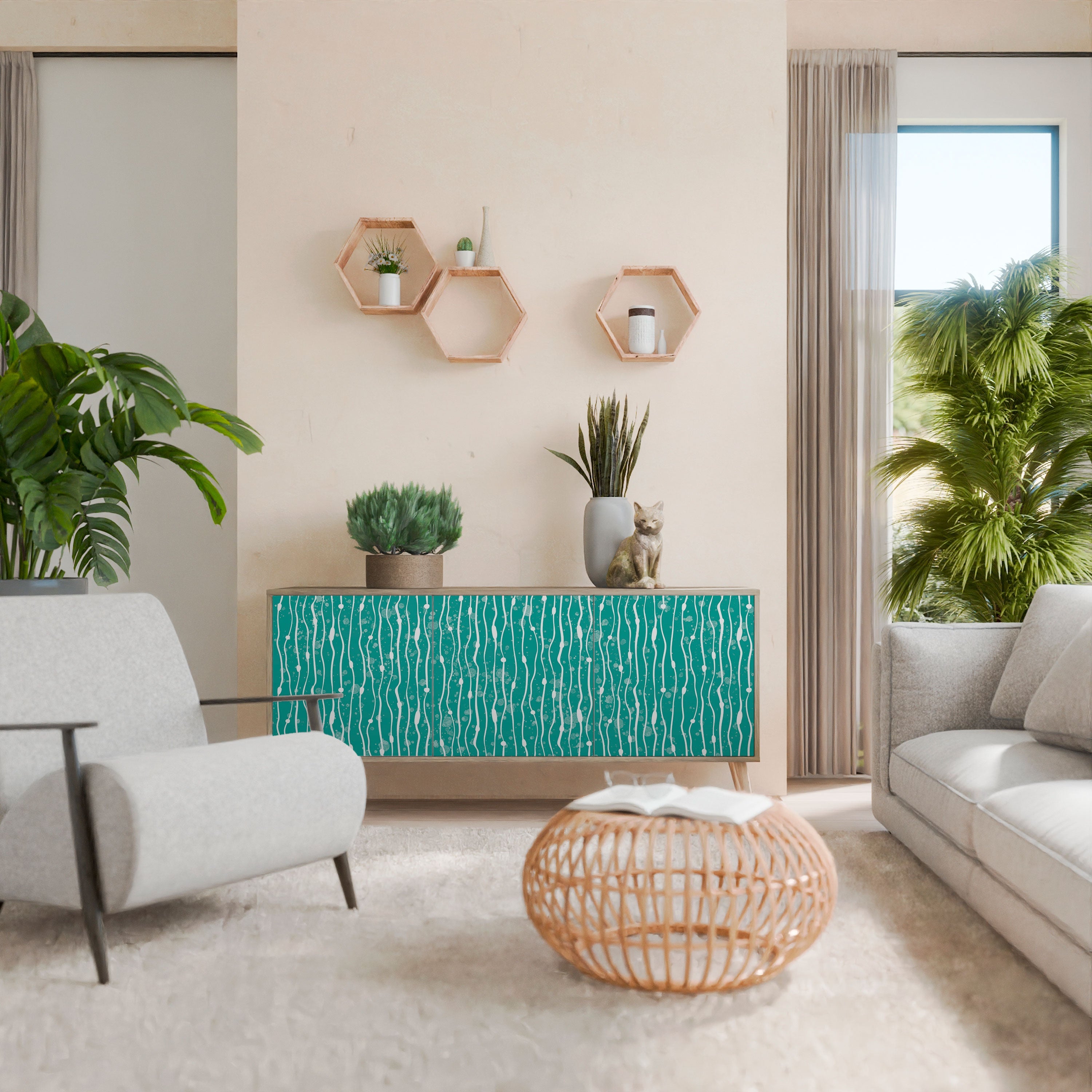 TURQUOISE RAIN Aparador de 3 Portas em Efeito Carvalho