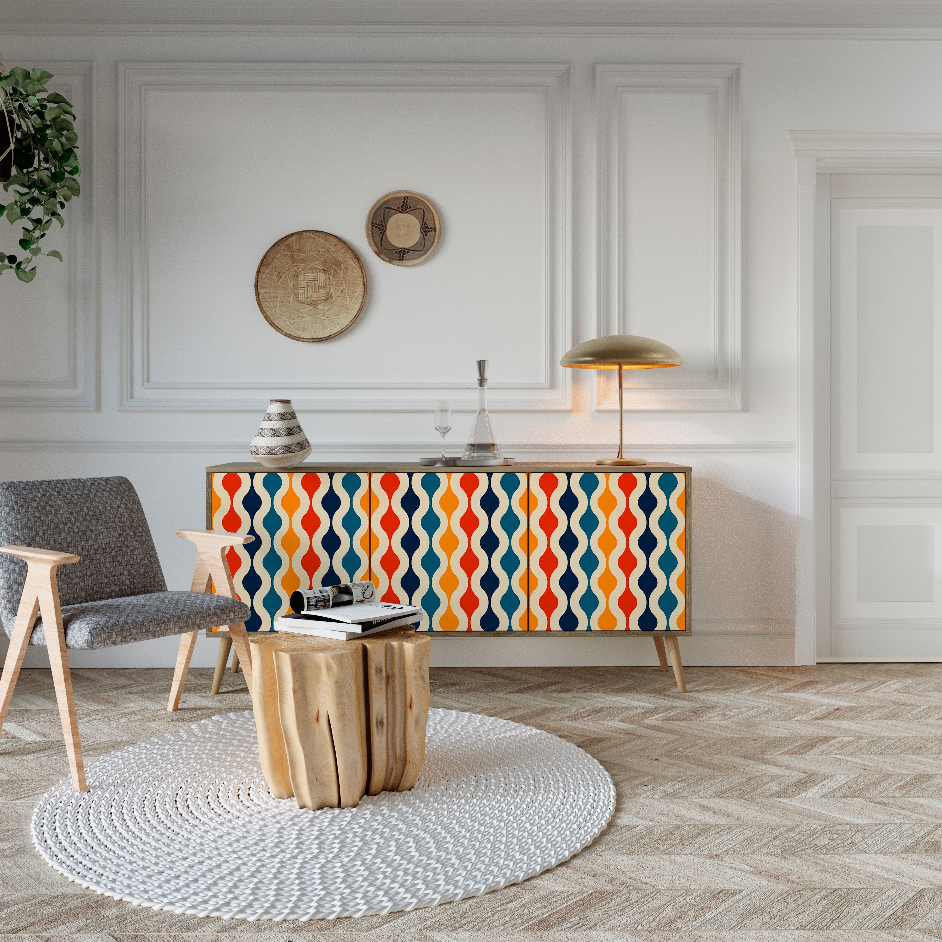 COLORFUL NOSTALGIA 3-Door Sideboard in Oak Effect