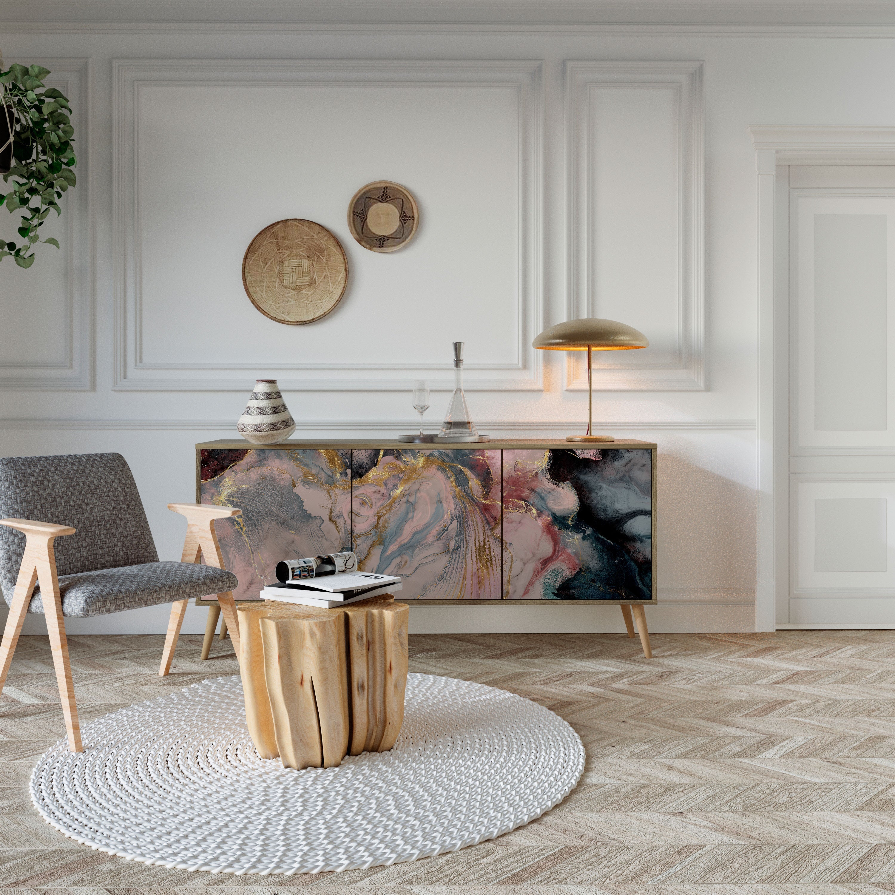 GILDED SWIRLS Aparador de 3 Portas em Efeito Carvalho