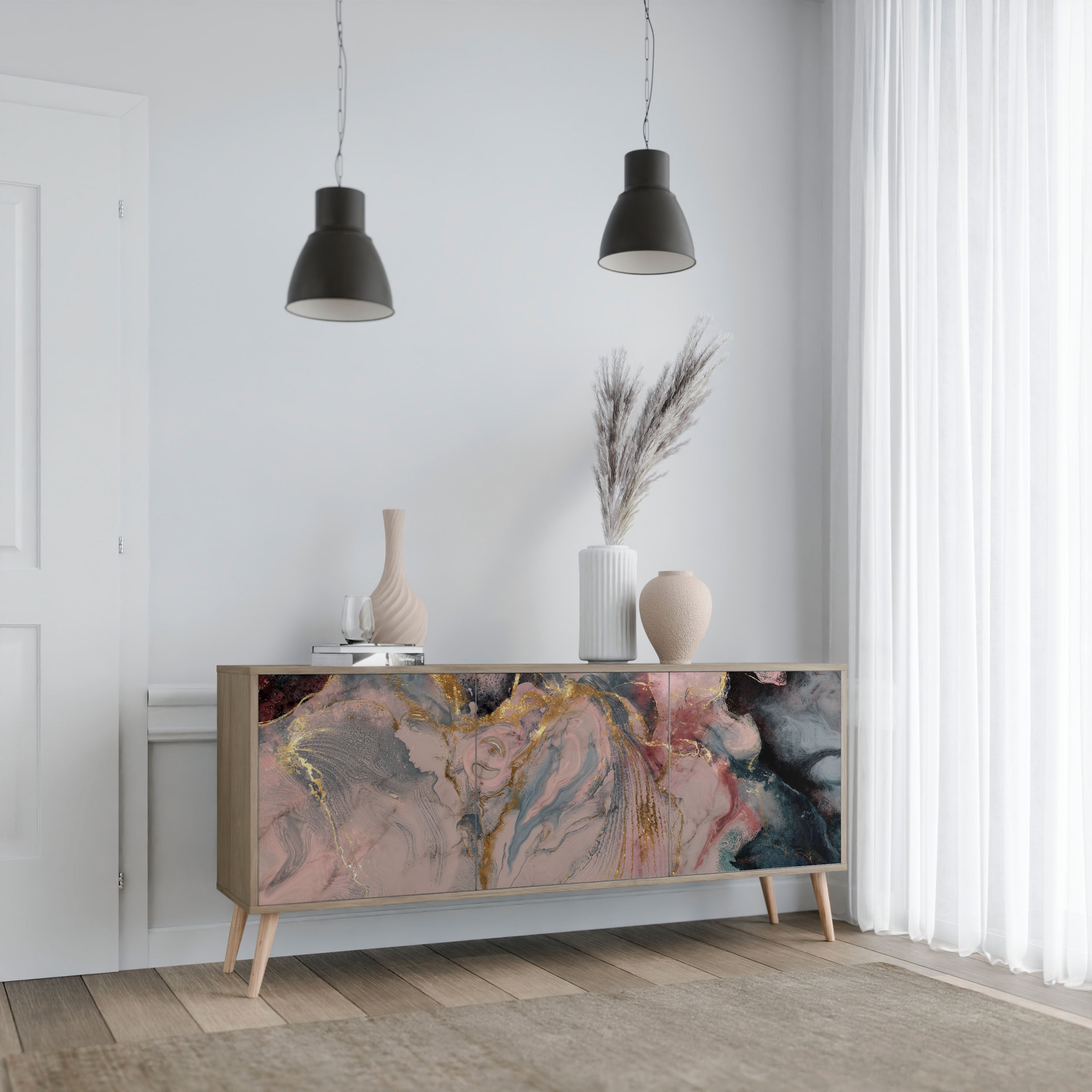 GILDED SWIRLS Aparador de 3 Portas em Efeito Carvalho