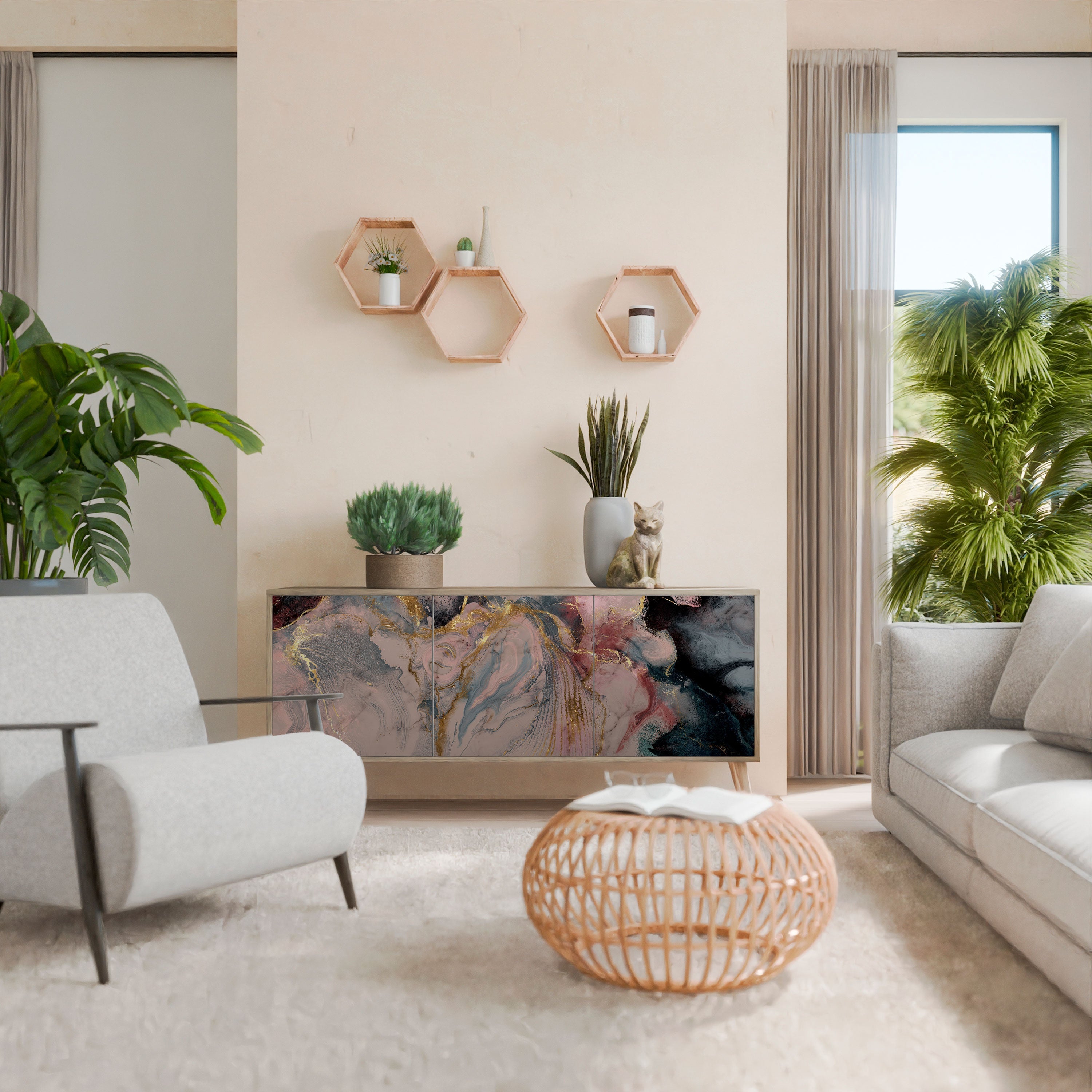 GILDED SWIRLS Aparador de 3 Portas em Efeito Carvalho