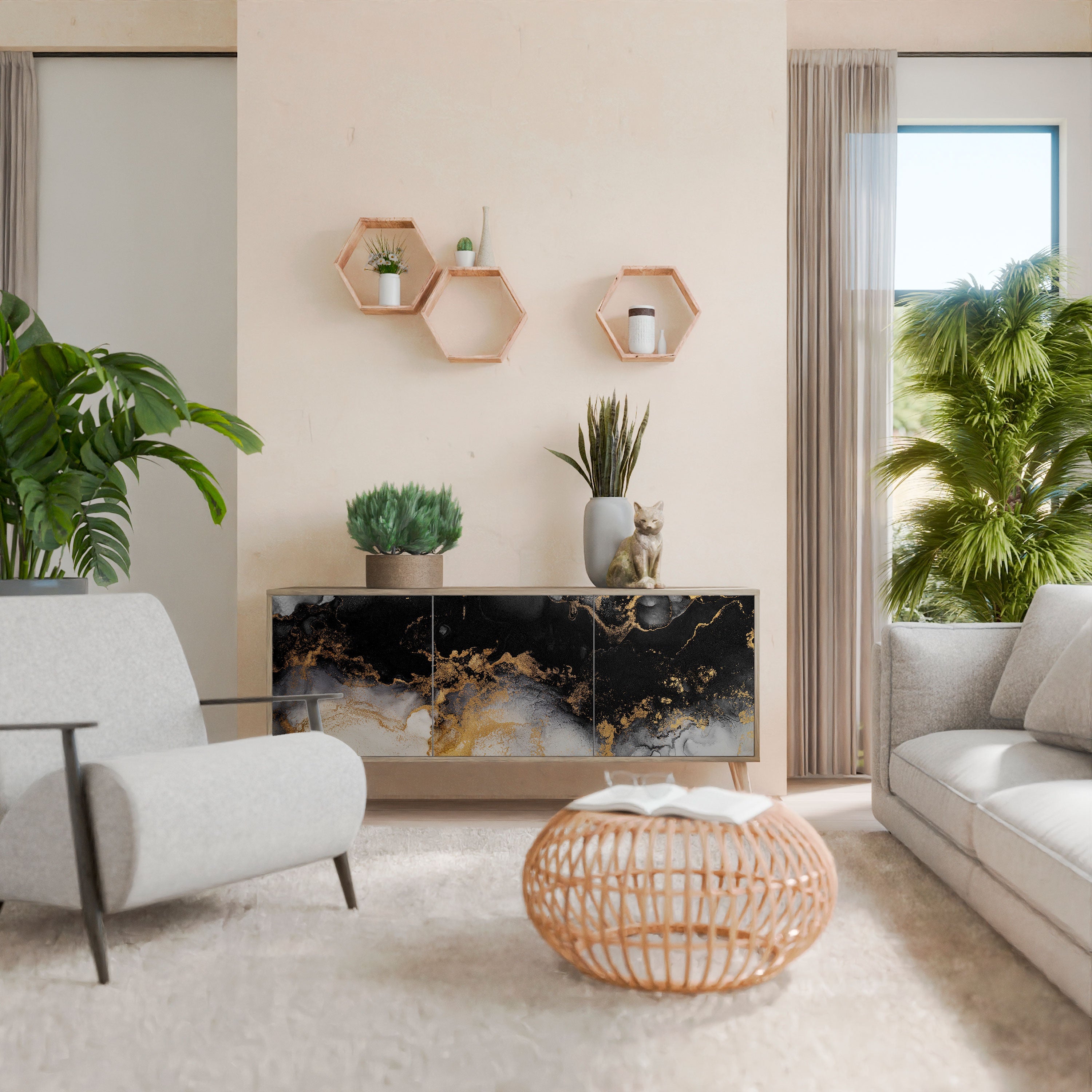 MARBLE OF TOMMORROW Aparador de 3 Portas em Efeito Carvalho