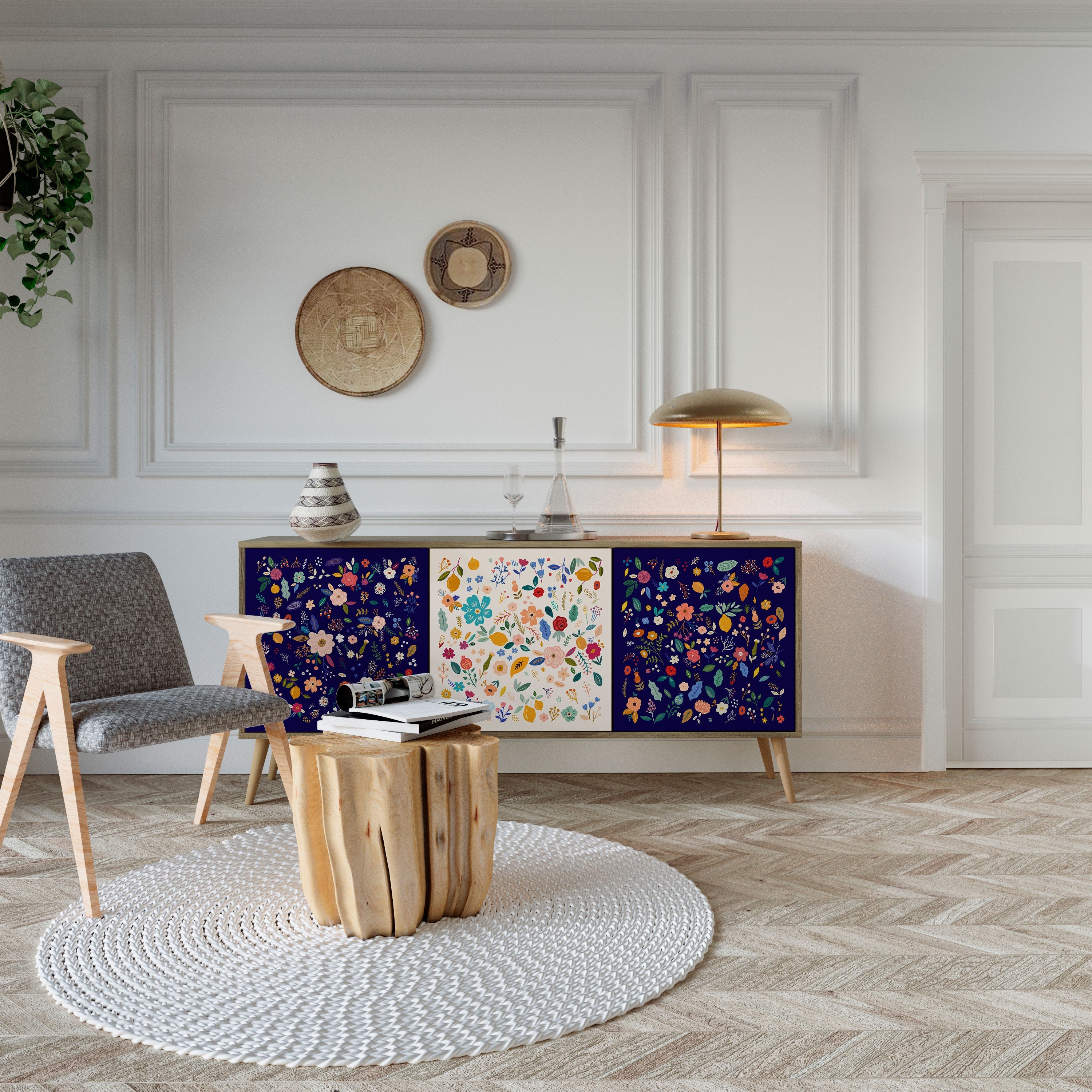 FLORAL COMBINATION Aparador de 3 Portas em Efeito Carvalho