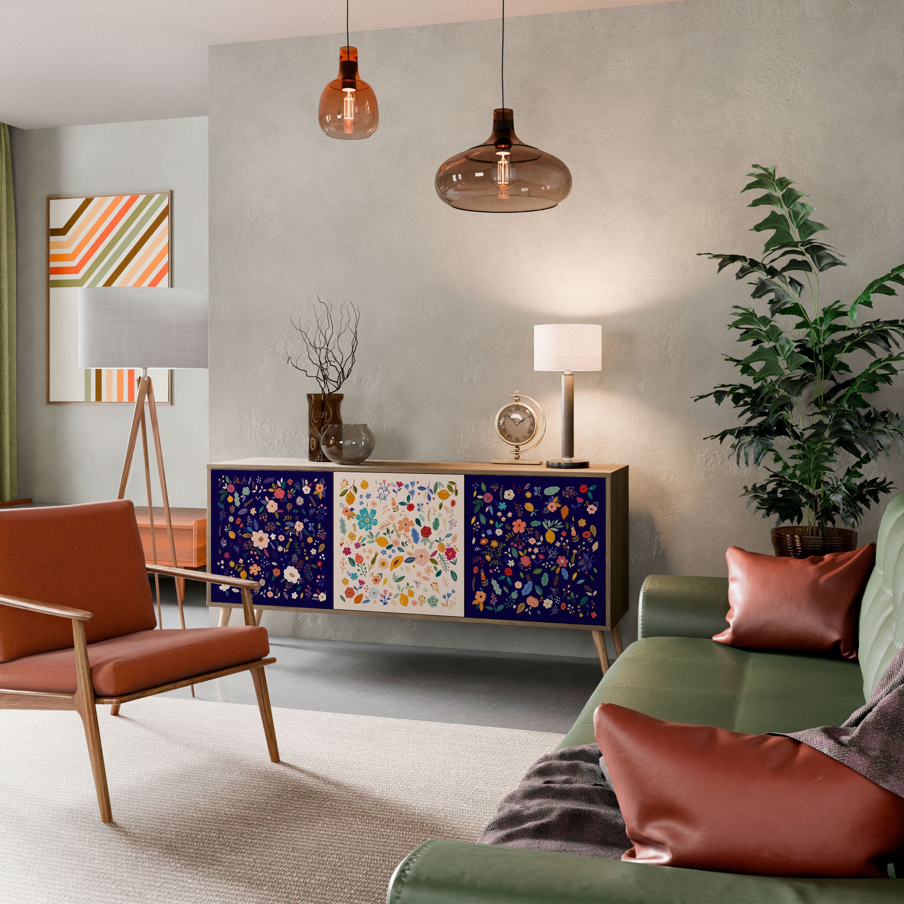 FLORAL COMBINATION Aparador de 3 Portas em Efeito Carvalho