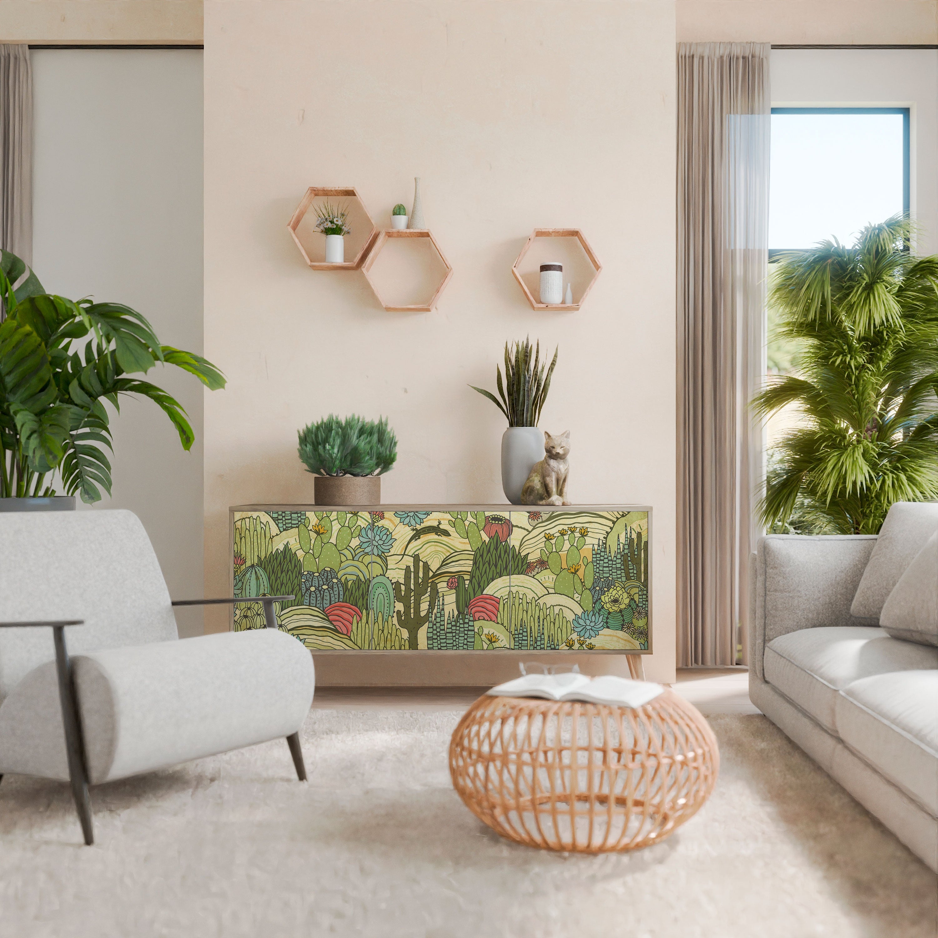 SUCCULENTS KALEIDOSCOPE Aparador de 3 Portas em Efeito Carvalho