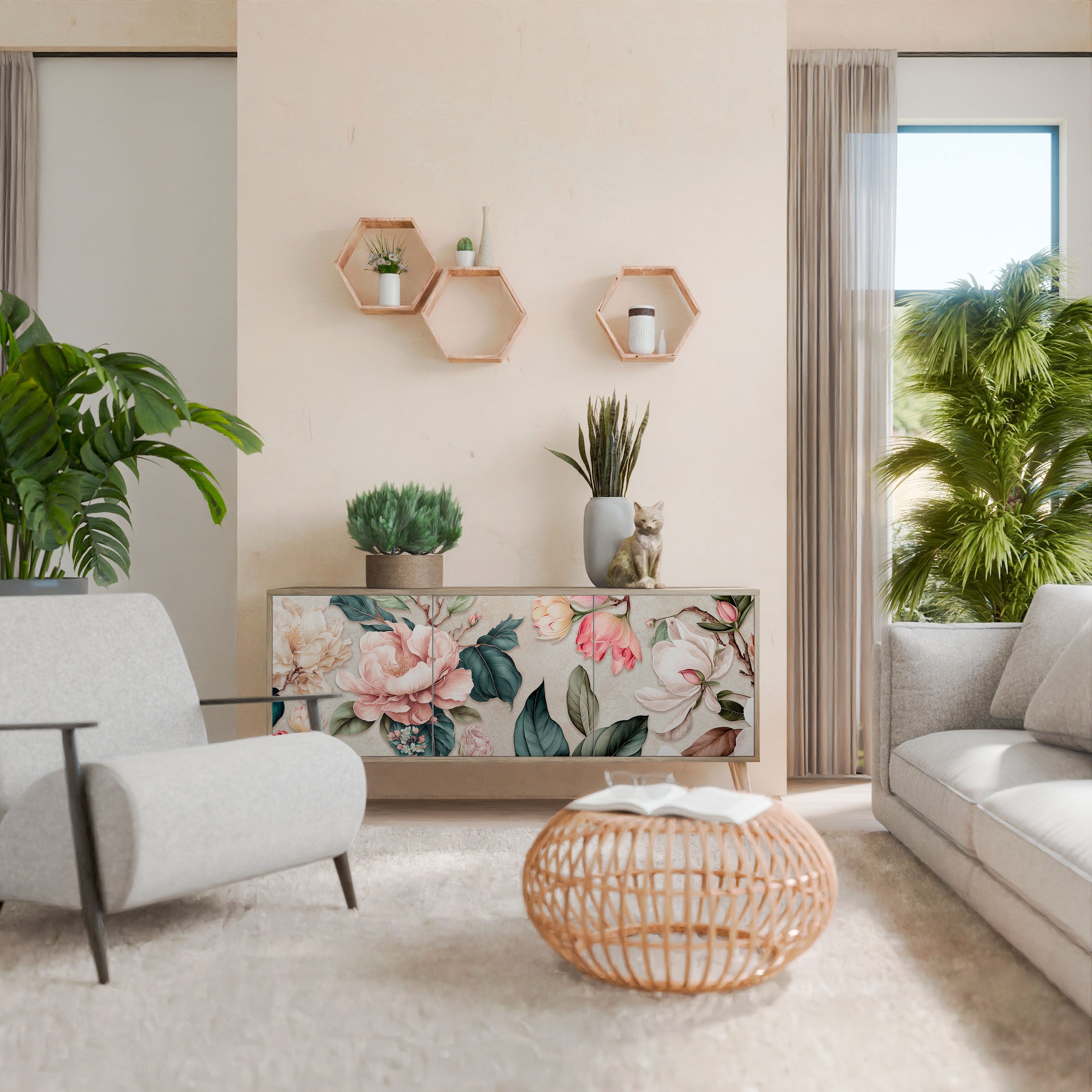 FLORAL GRACE Aparador de 3 Portas em Efeito Carvalho