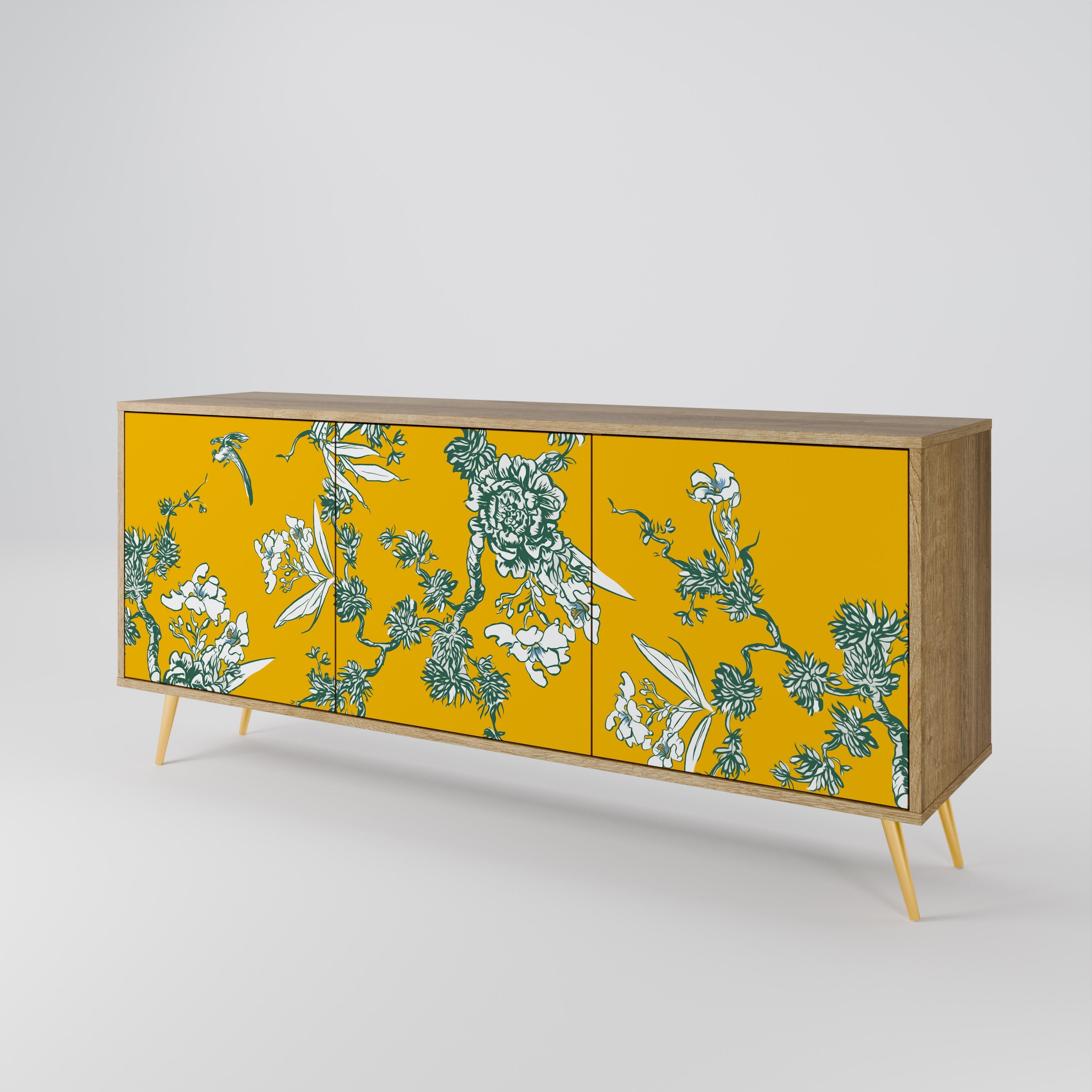 YELLOW CHINOISERIE 3-Door Sideboard in Oak Effect