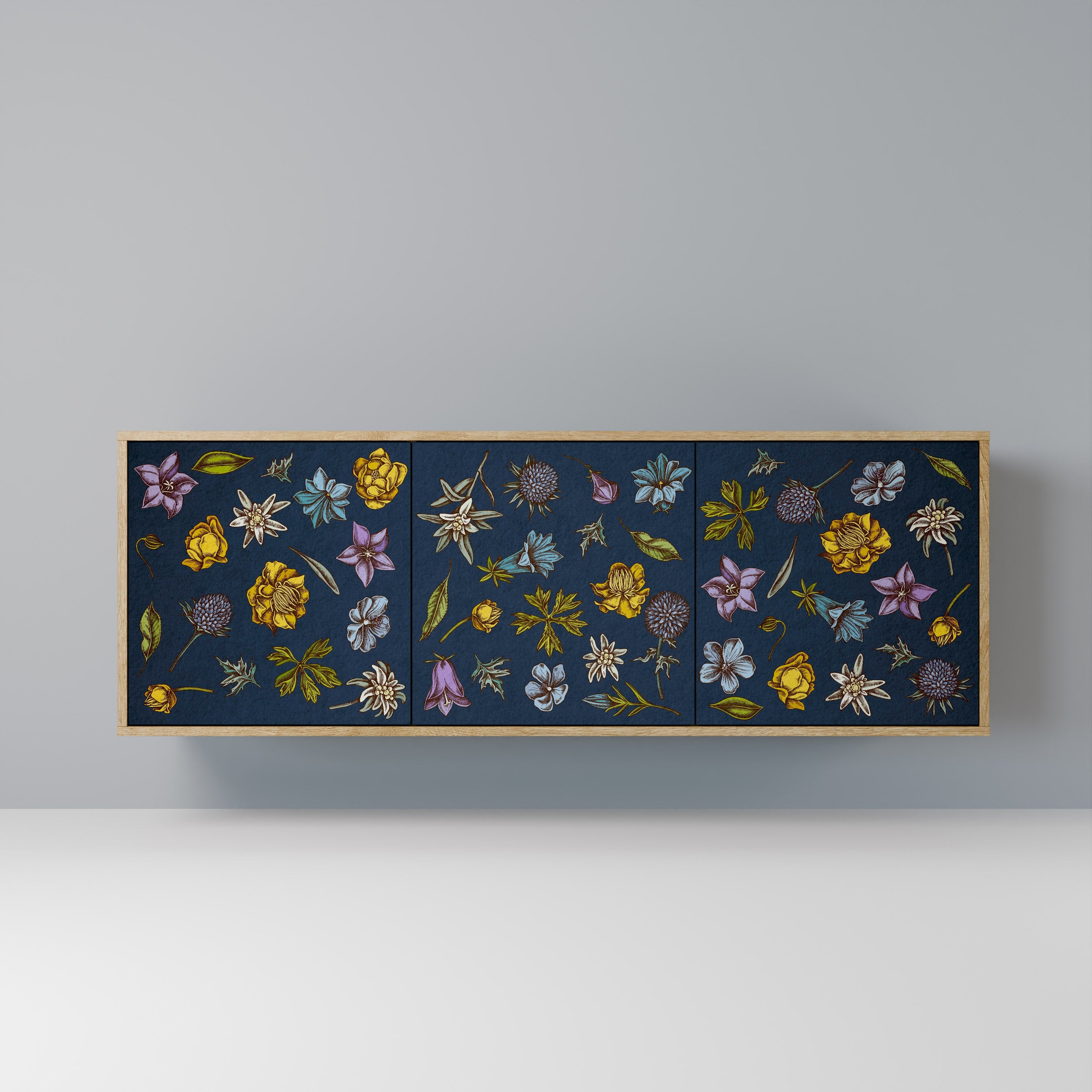 FLOWERS ON NAVY BLUE Aparador de 3 Portas em Efeito Carvalho