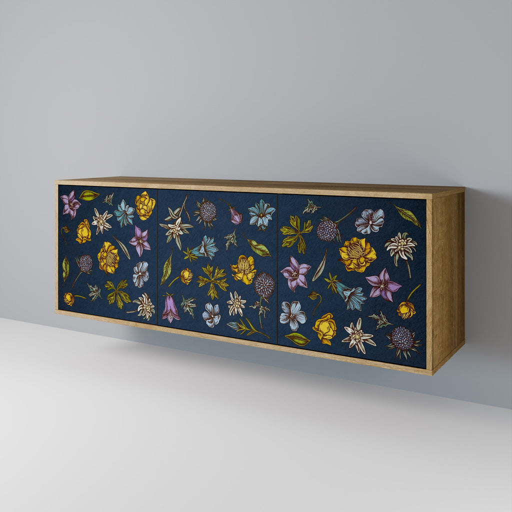 FLOWERS ON NAVY BLUE 3-Door Sideboard in Oak Effect