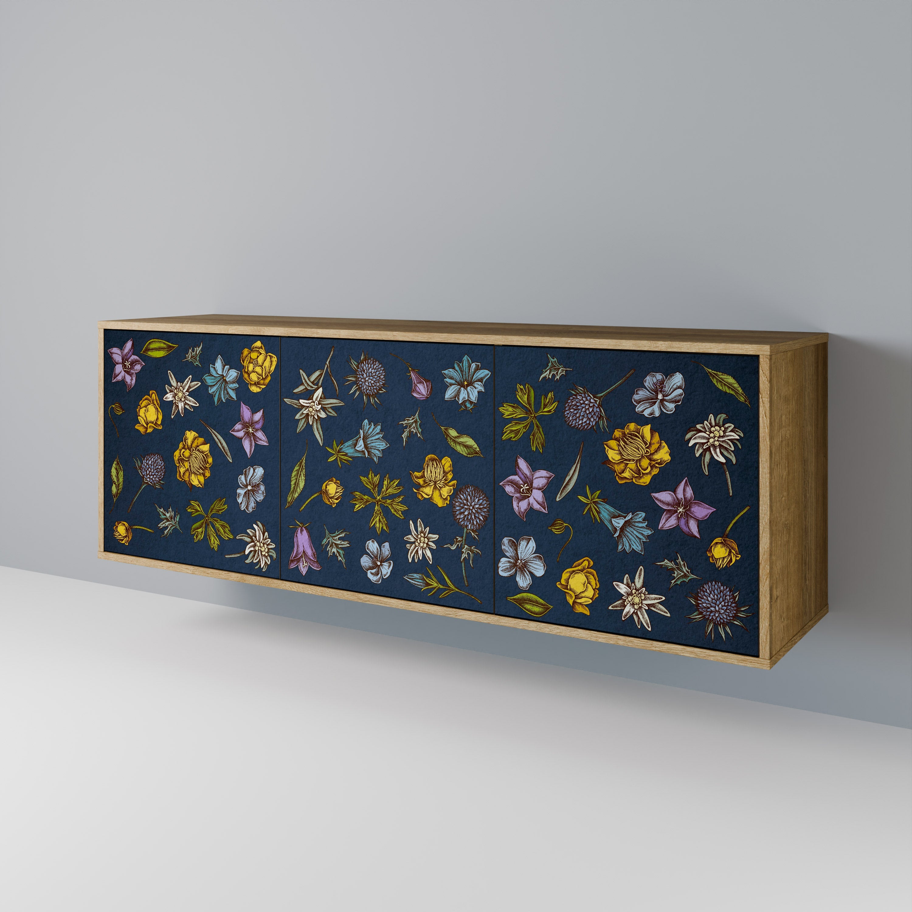 FLOWERS ON NAVY BLUE 3-Door Sideboard in Oak Effect