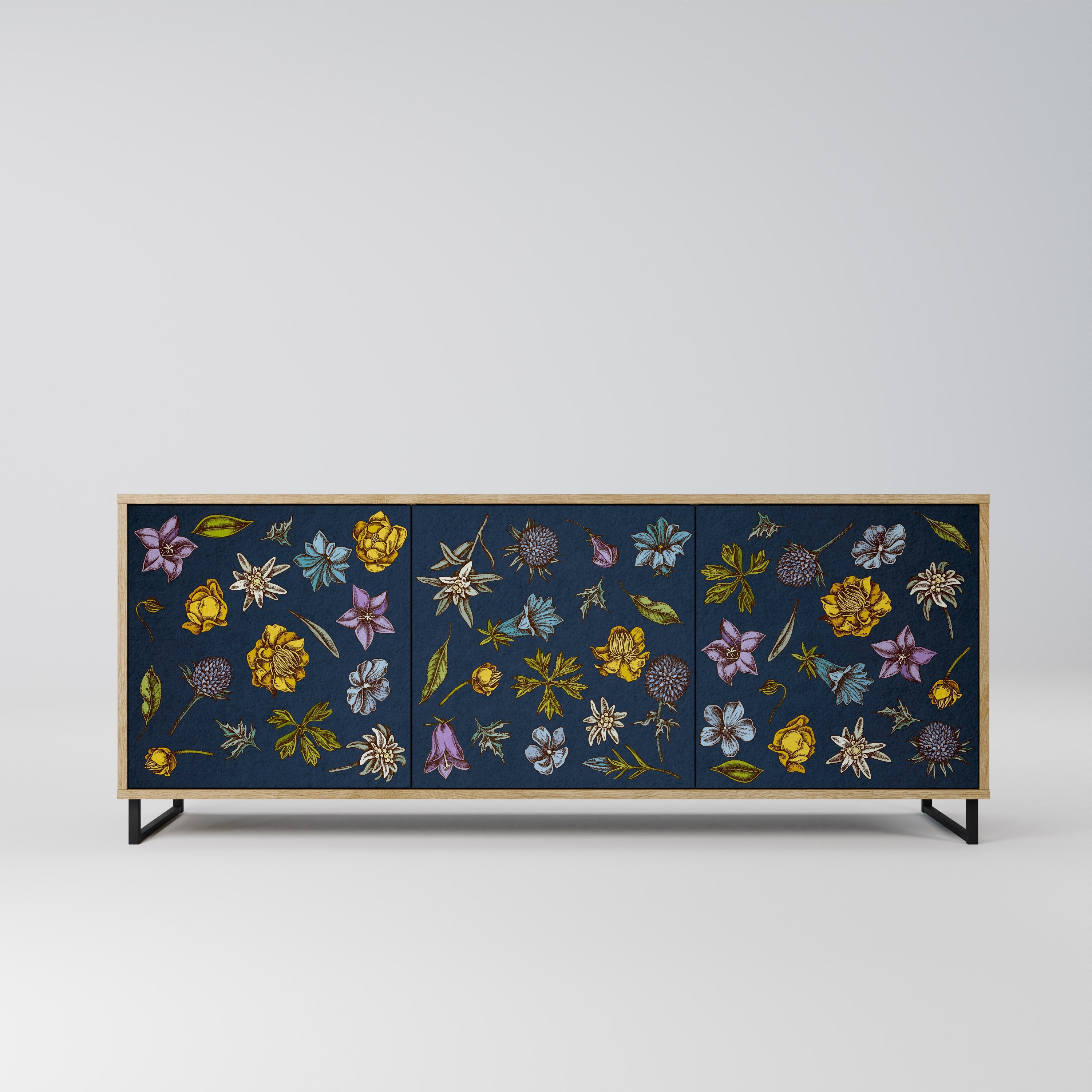 FLOWERS ON NAVY BLUE Aparador de 3 Portas em Efeito Carvalho