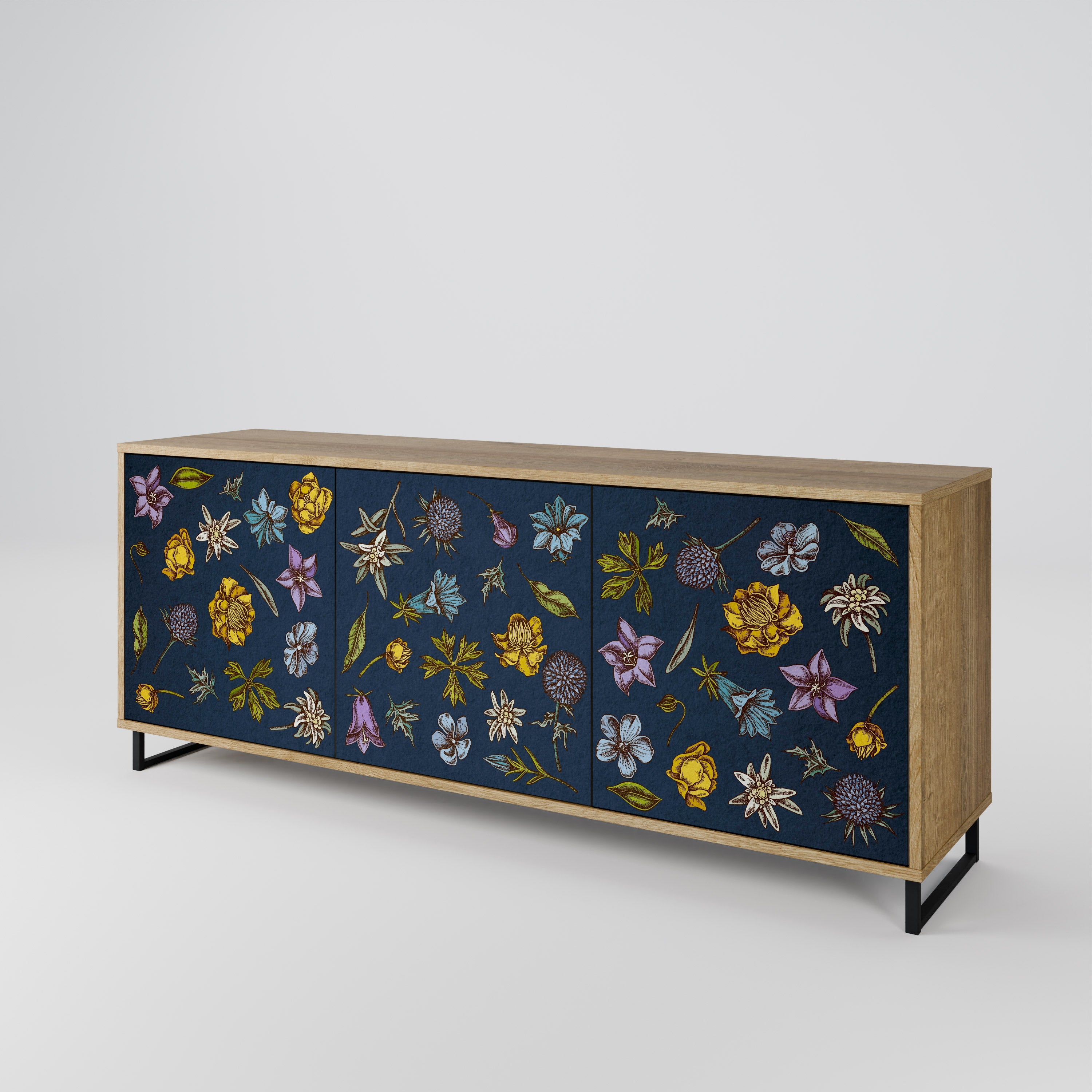 FLOWERS ON NAVY BLUE 3-Door Sideboard in Oak Effect