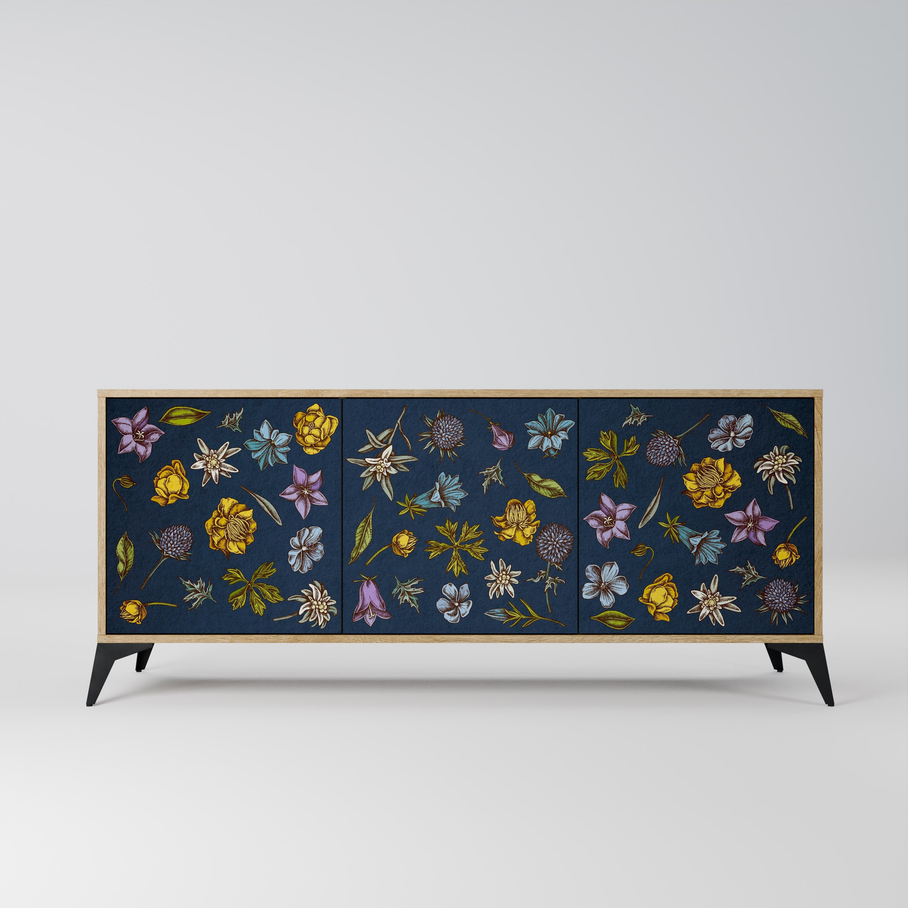 FLOWERS ON NAVY BLUE Aparador de 3 Portas em Efeito Carvalho