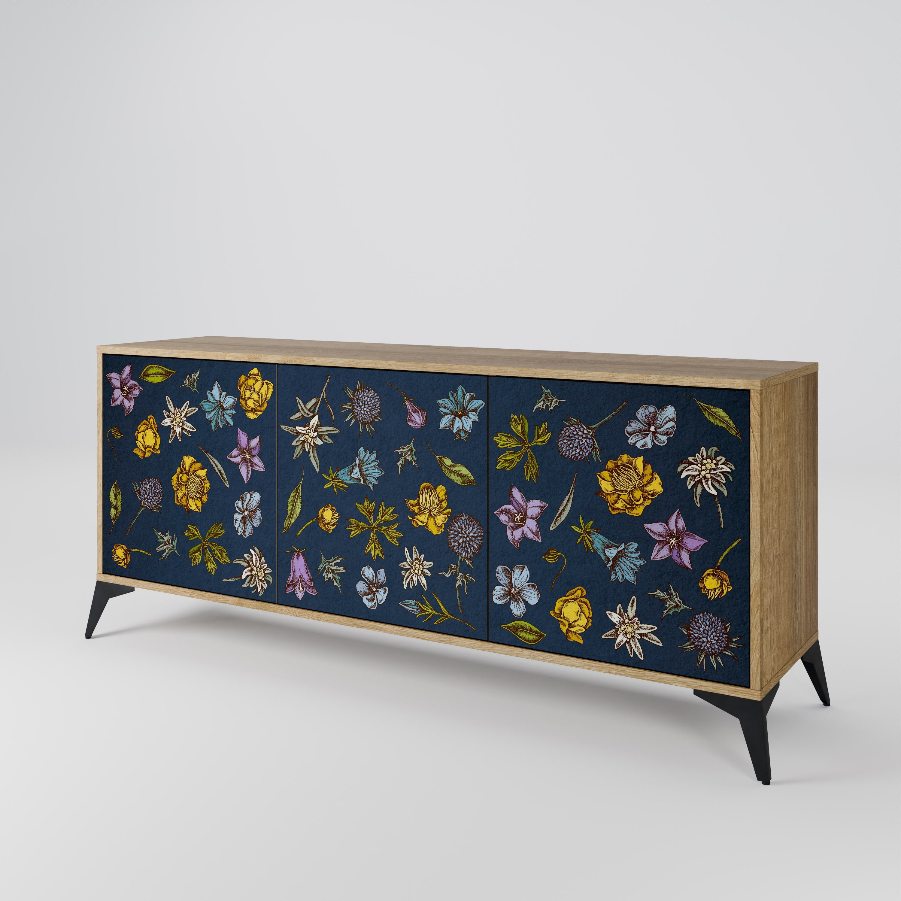 FLOWERS ON NAVY BLUE 3-Door Sideboard in Oak Effect