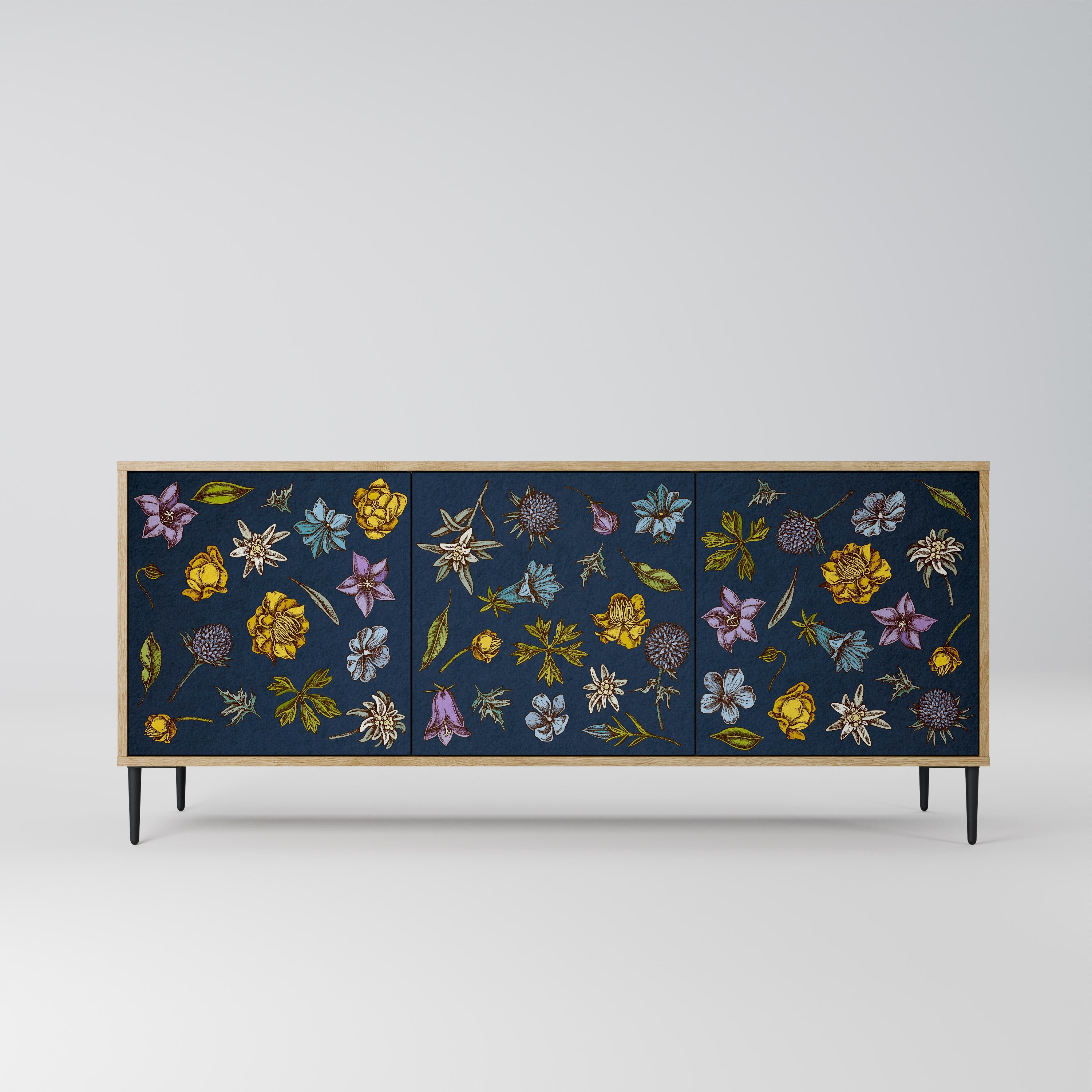FLOWERS ON NAVY BLUE Aparador de 3 Portas em Efeito Carvalho