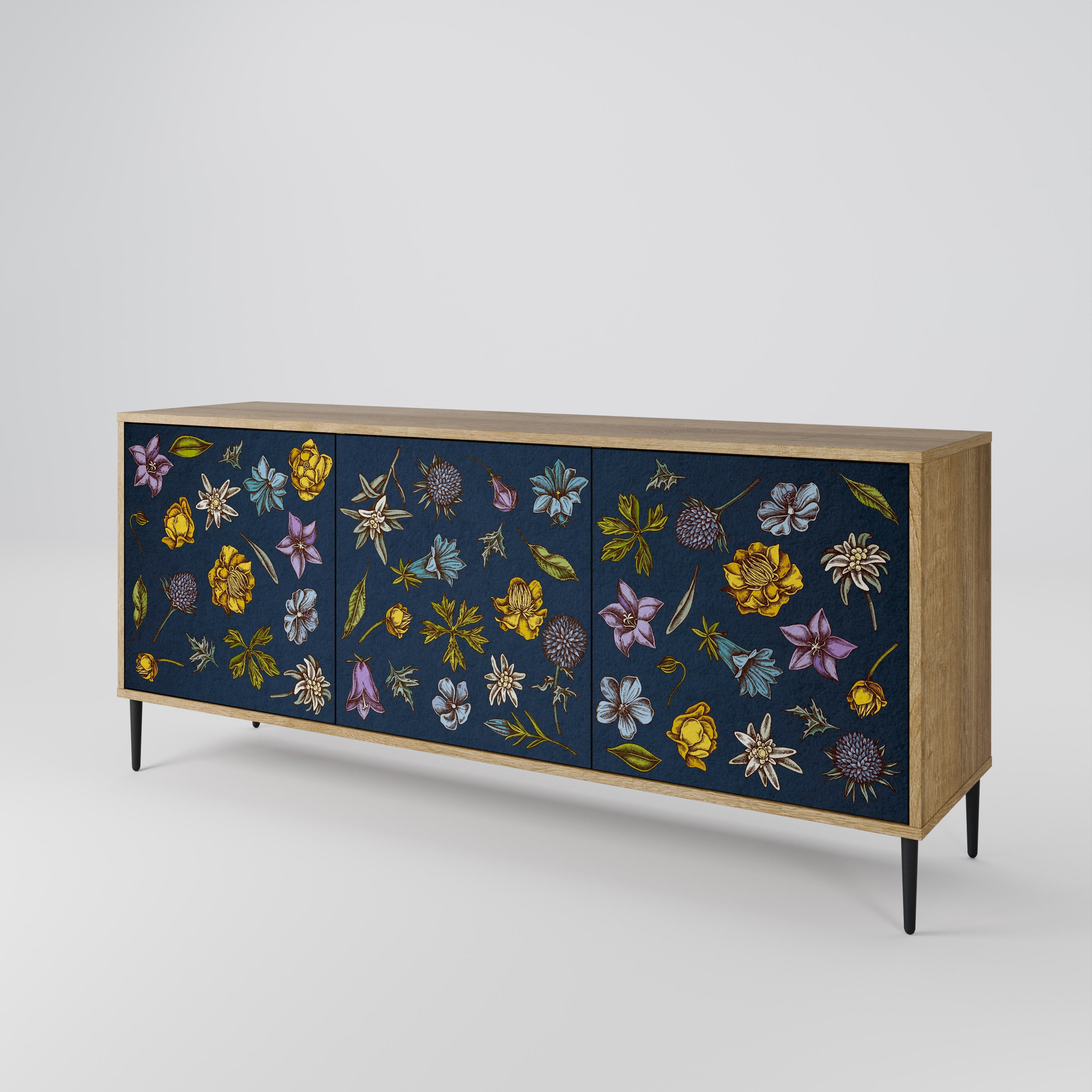 FLOWERS ON NAVY BLUE 3-Door Sideboard in Oak Effect