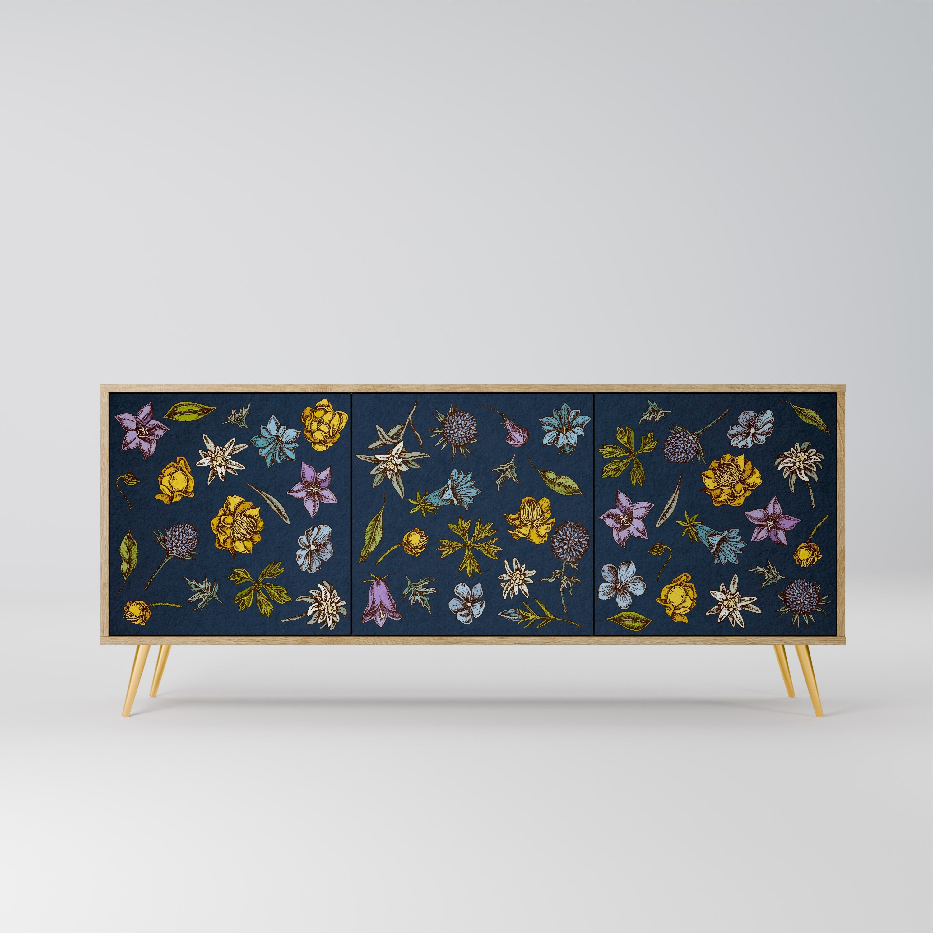FLOWERS ON NAVY BLUE Aparador de 3 Portas em Efeito Carvalho