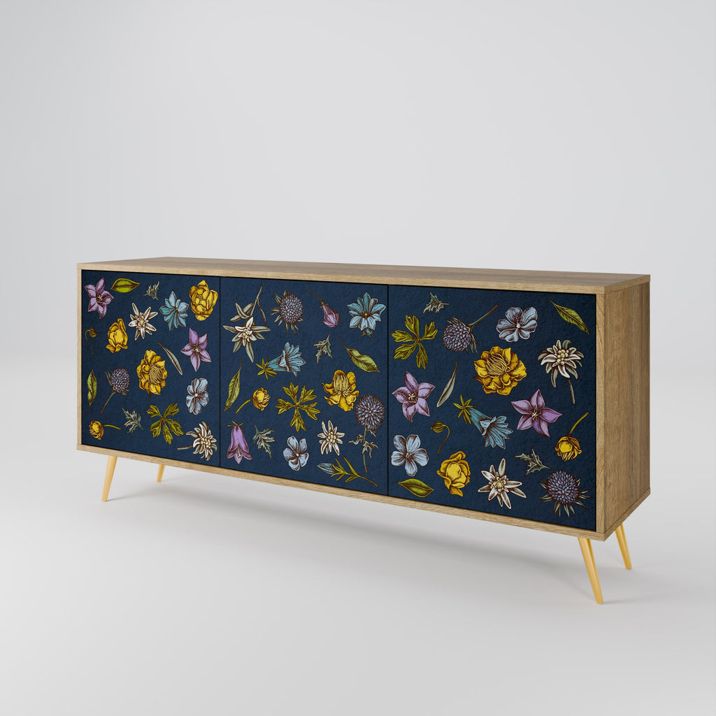 FLOWERS ON NAVY BLUE 3-Door Sideboard in Oak Effect