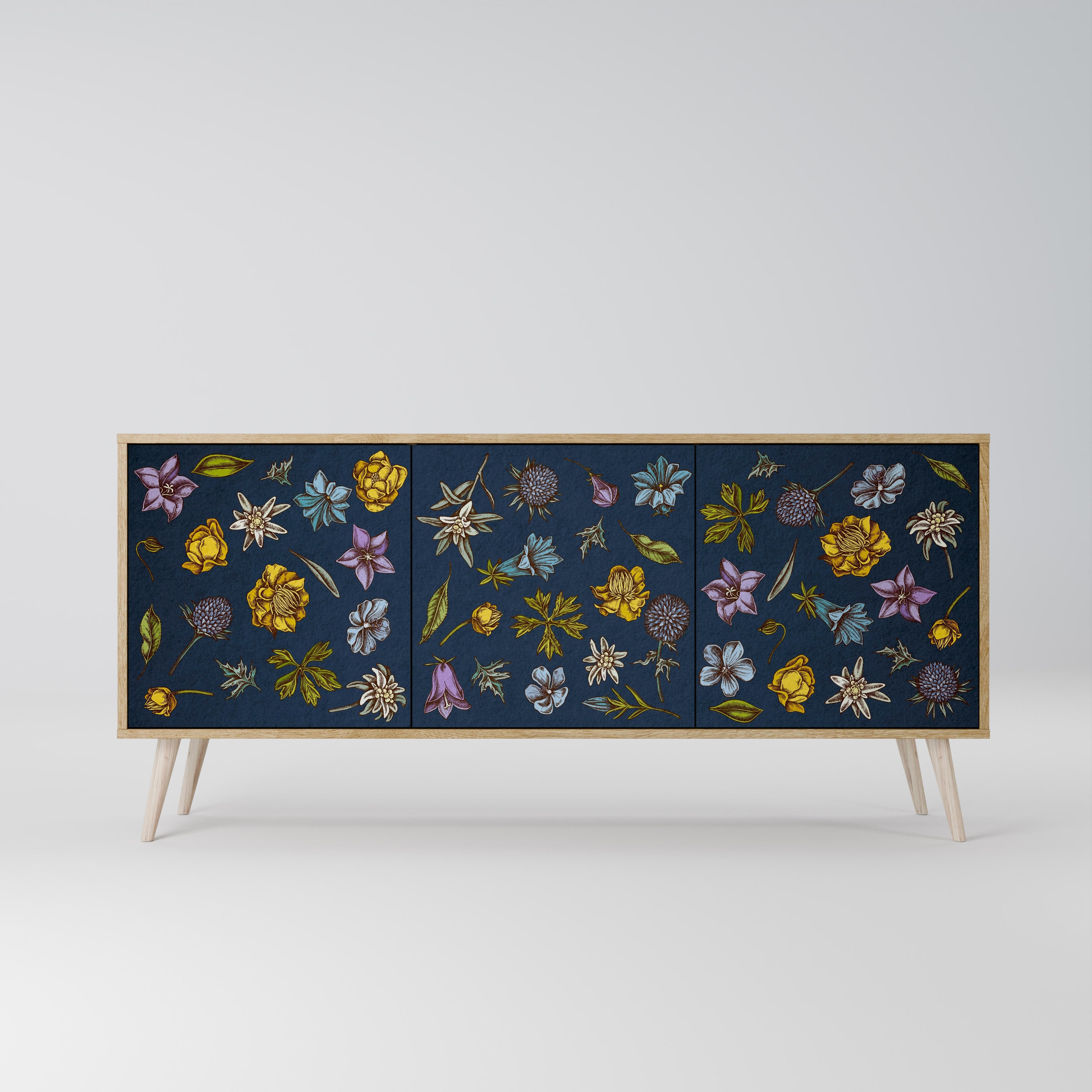 FLOWERS ON NAVY BLUE Aparador de 3 Portas em Efeito Carvalho