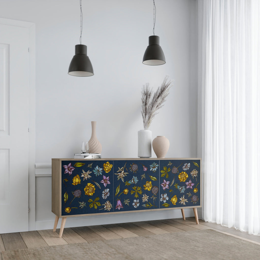 FLOWERS ON NAVY BLUE 3-Door Sideboard in Oak Effect