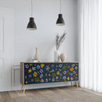 FLOWERS ON NAVY BLUE 3-Door Sideboard in Oak Effect