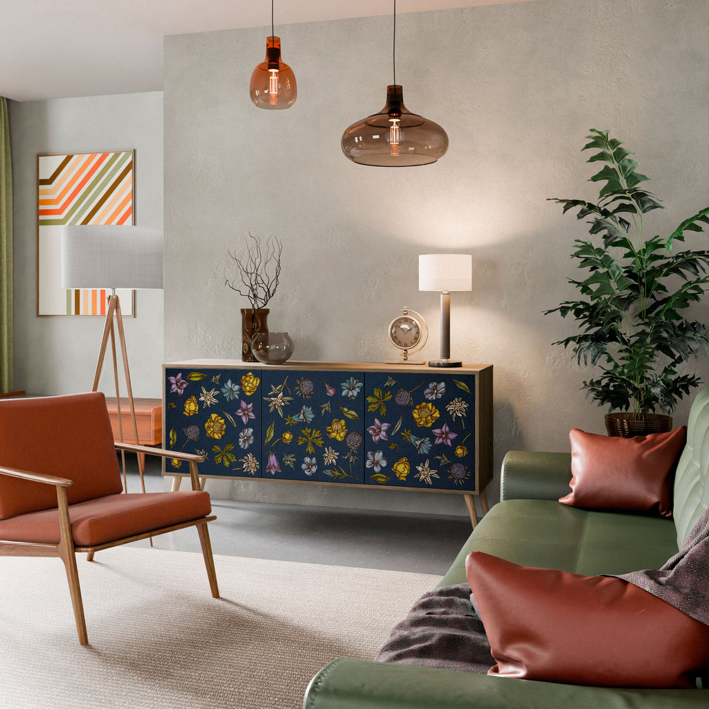FLOWERS ON NAVY BLUE 3-Door Sideboard in Oak Effect