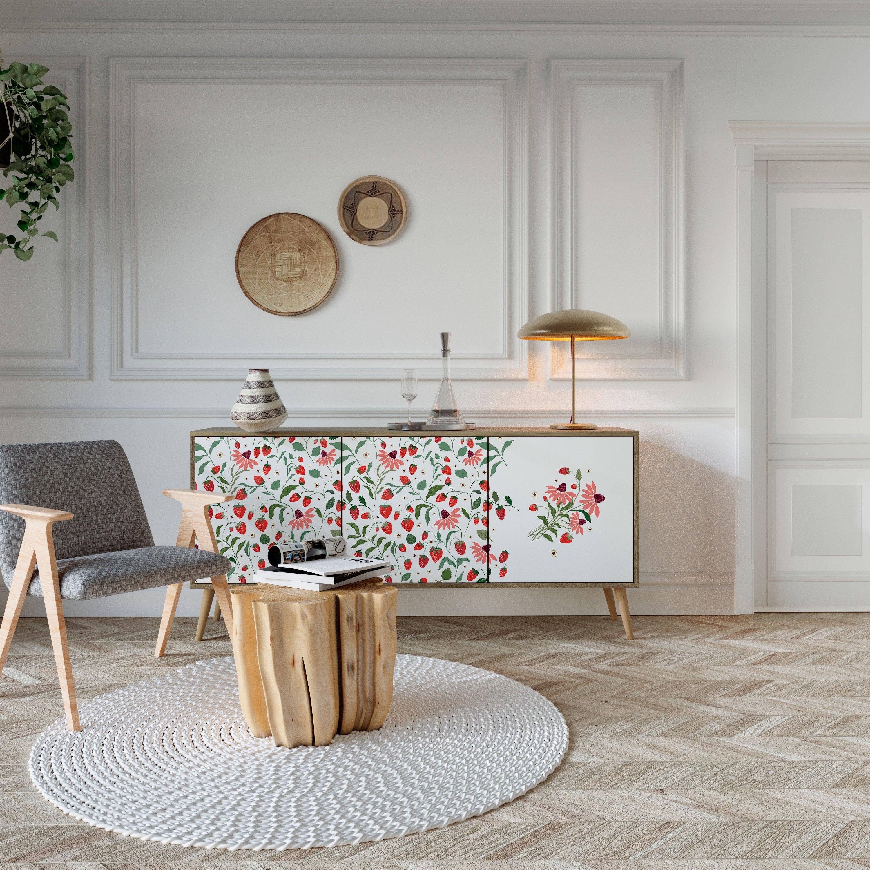 FLOWERS AND STRAWBERRIES Aparador de 3 Portas em Efeito Carvalho