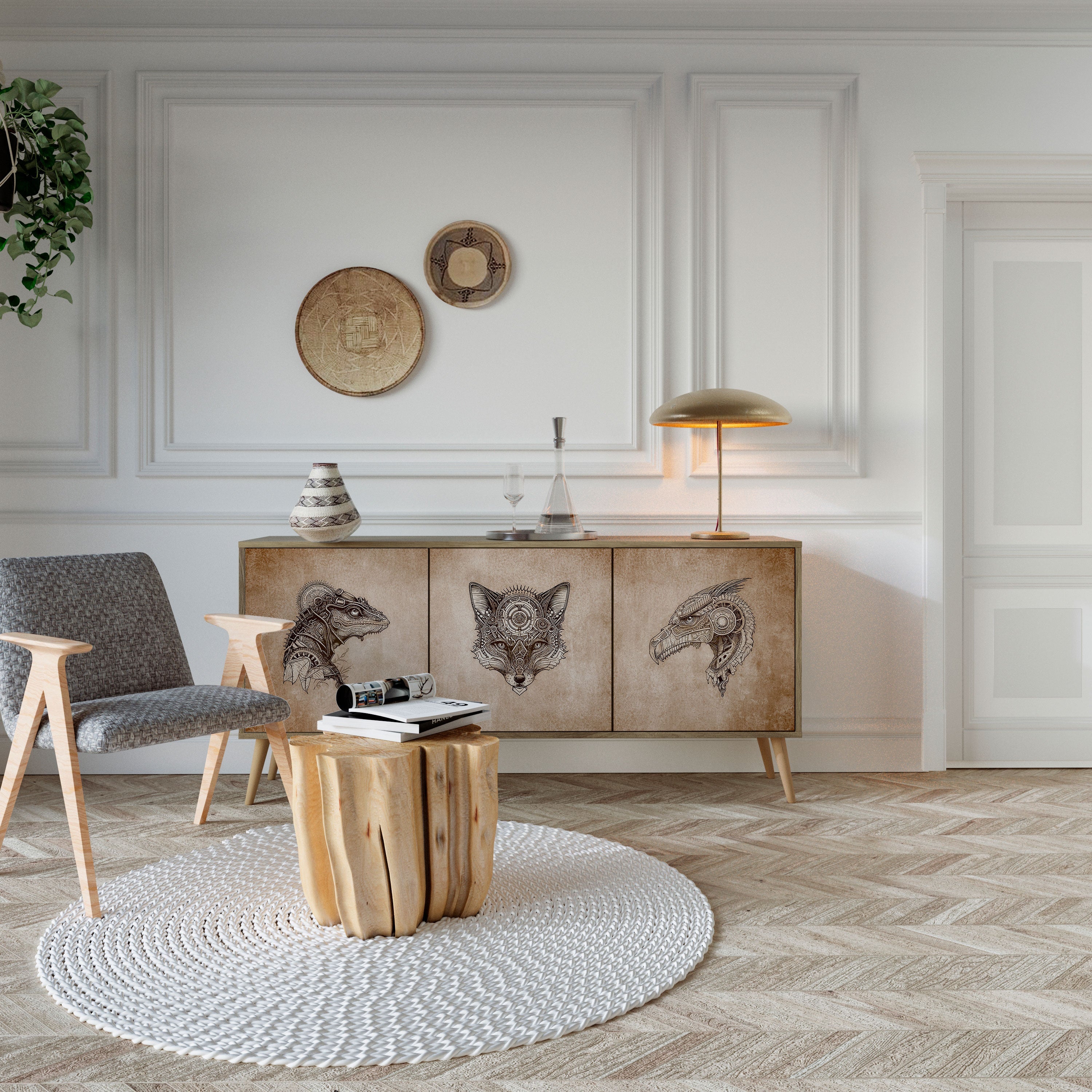 STEAMPUNK CLAN Aparador de 3 Portas em Efeito Carvalho