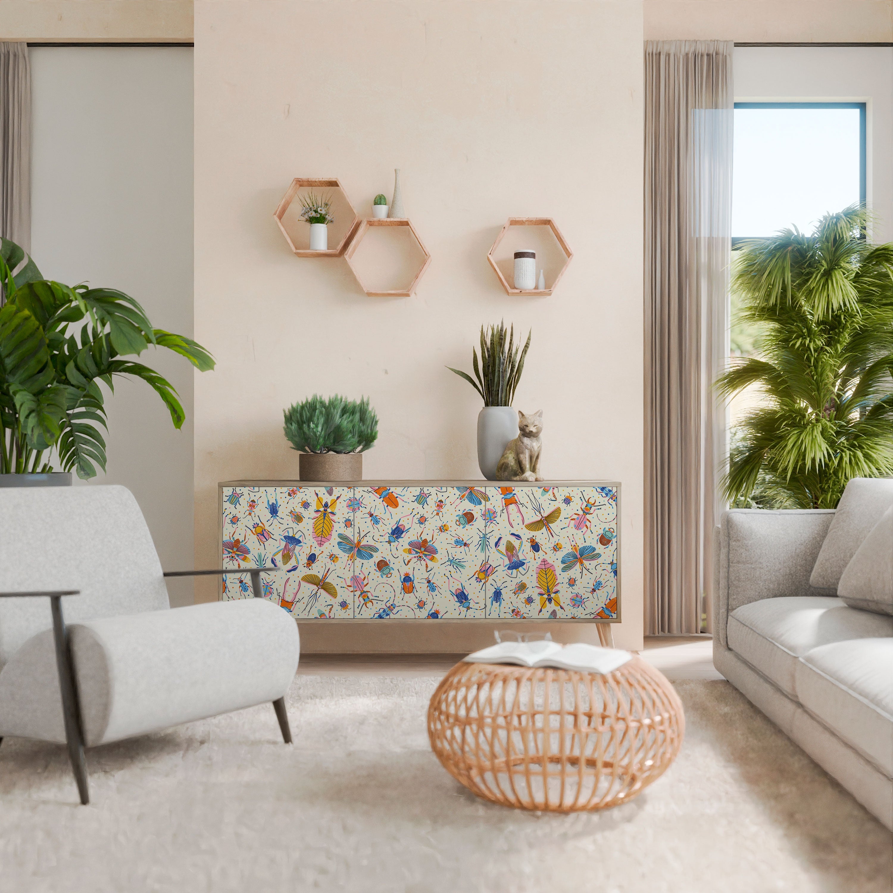 COLORFUL INSECTS Aparador de 3 Portas em Efeito Carvalho