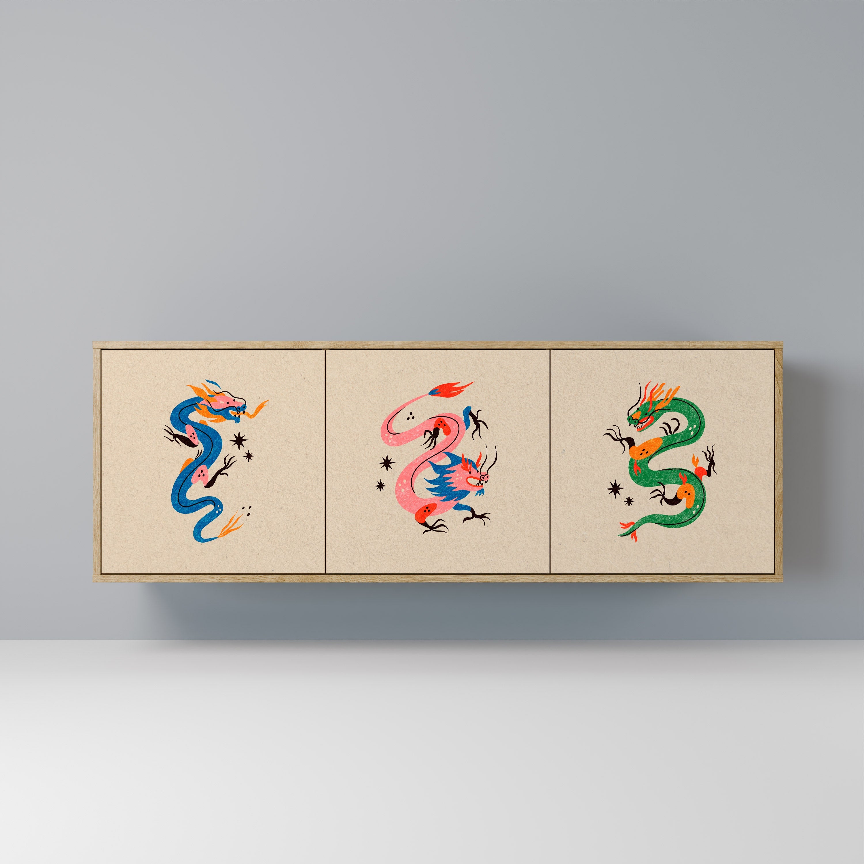 MYTHOLOGICAL CREATURES Aparador de 3 Portas em Efeito Carvalho