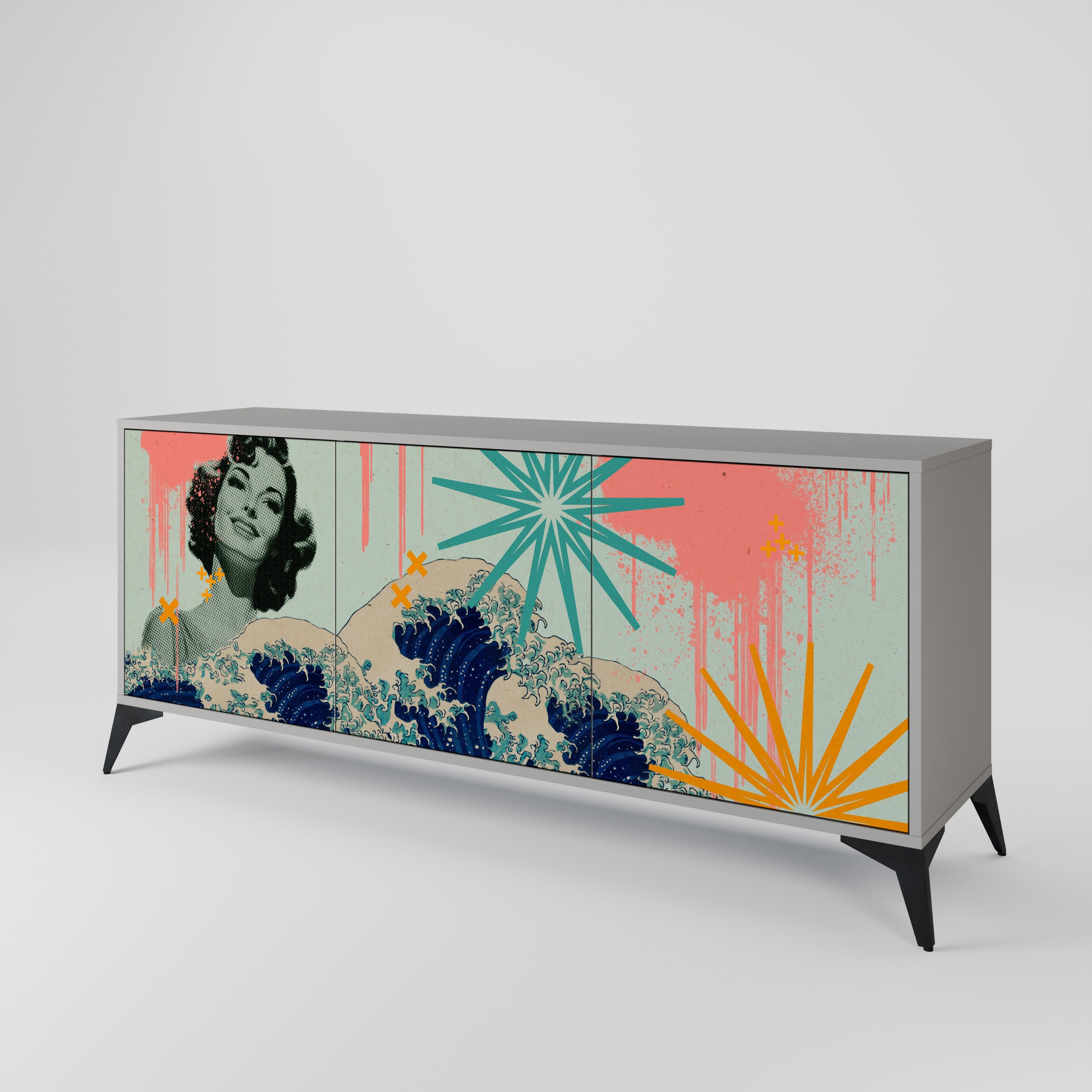 KANAGAWA BEAUTY Aparador de 3 Portas em Acabamento Cinzento